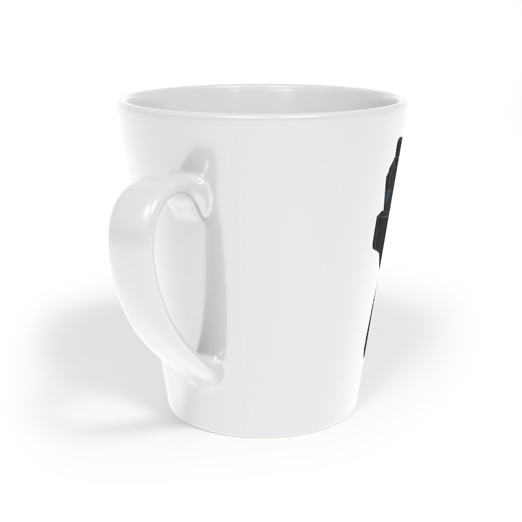 22 Calibur Latte Mug, 12oz, featuring a white ceramic body with a scratch-resistant finish and an easy-grip C-shaped handle.