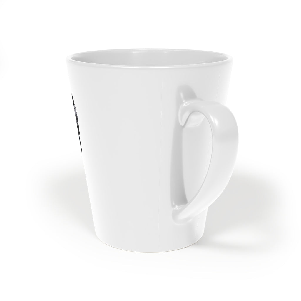 22 Calibur Latte Mug, 12oz, featuring a white ceramic body with a scratch-resistant finish and an easy-grip C-shaped handle.