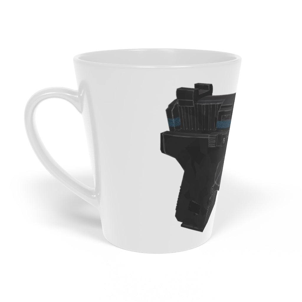 22 Calibur Latte Mug, 12oz, featuring a white ceramic body with a scratch-resistant finish and an easy-grip C-shaped handle.