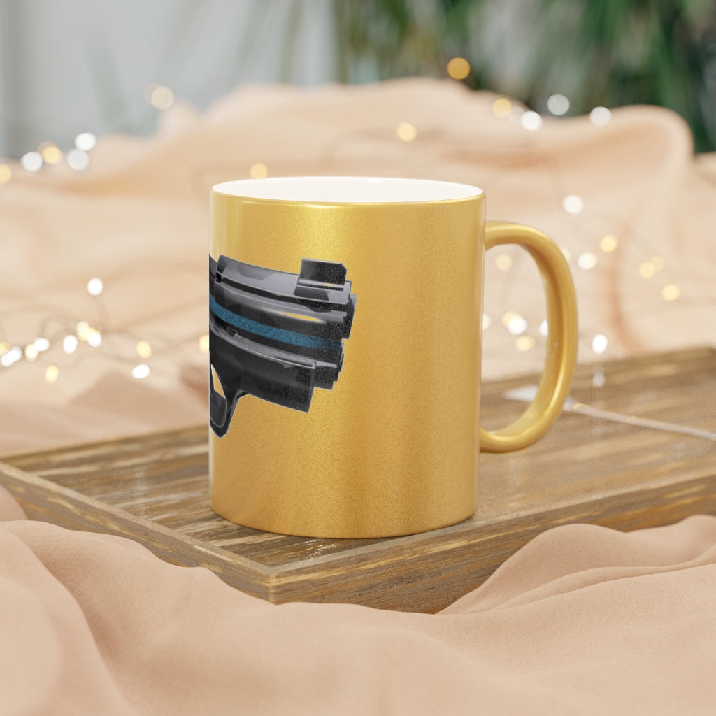 22 Calibur Metallic Mug in Silver and Gold with custom designs, showcasing a sleek ceramic finish and comfortable C-handle.