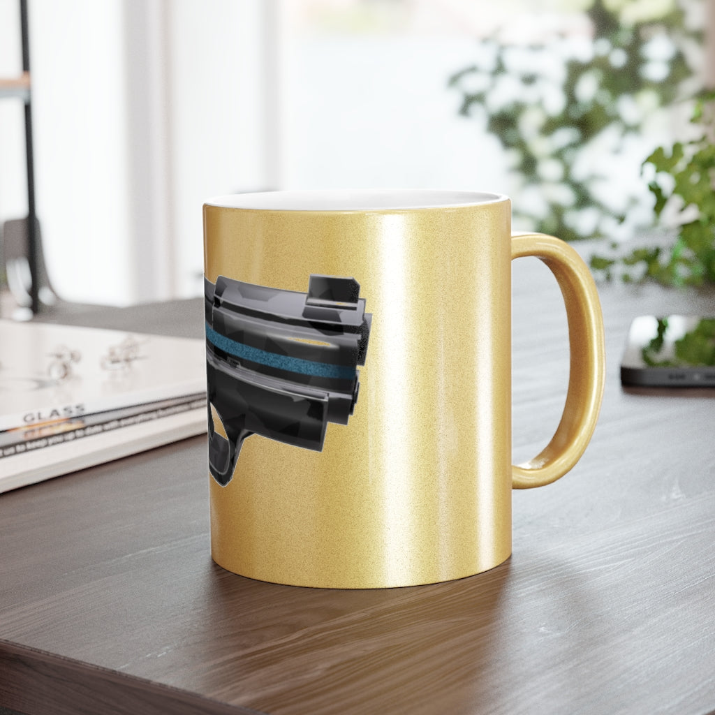 22 Calibur Metallic Mug in Silver and Gold with custom designs, showcasing a sleek ceramic finish and comfortable C-handle.