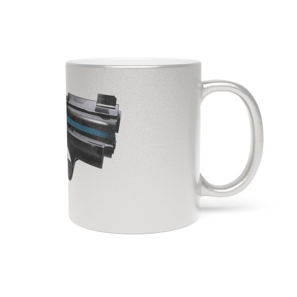 22 Calibur Metallic Mug in Silver and Gold with custom designs, showcasing a sleek ceramic finish and comfortable C-handle.