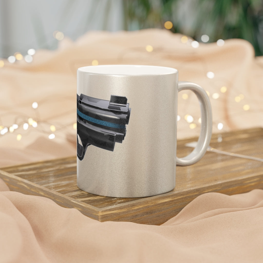 22 Calibur Metallic Mug in Silver and Gold with custom designs, showcasing a sleek ceramic finish and comfortable C-handle.