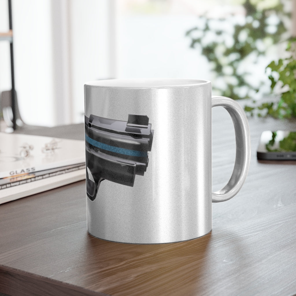 22 Calibur Metallic Mug in Silver and Gold with custom designs, showcasing a sleek ceramic finish and comfortable C-handle.