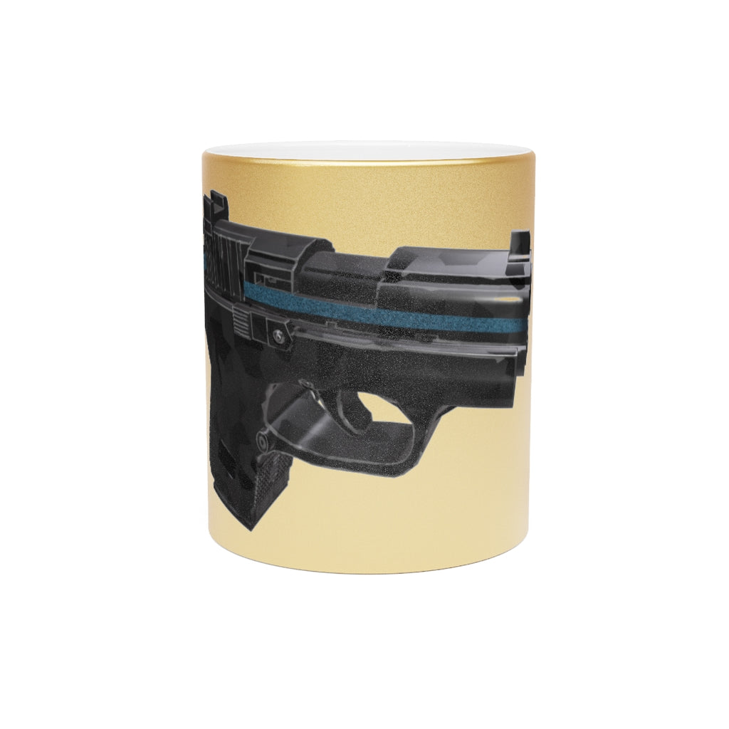 22 Calibur Metallic Mug in Silver and Gold with custom designs, showcasing a sleek ceramic finish and comfortable C-handle.