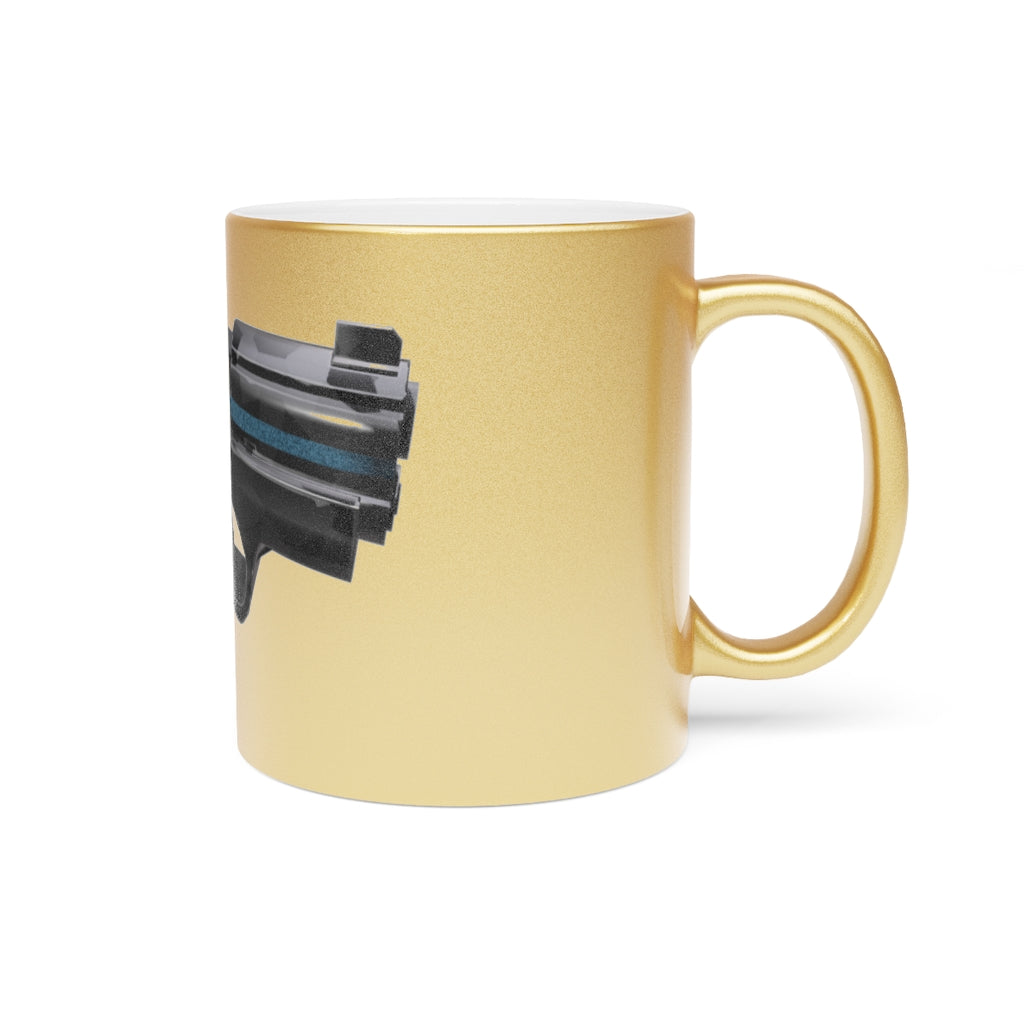 22 Calibur Metallic Mug in Silver and Gold with custom designs, showcasing a sleek ceramic finish and comfortable C-handle.