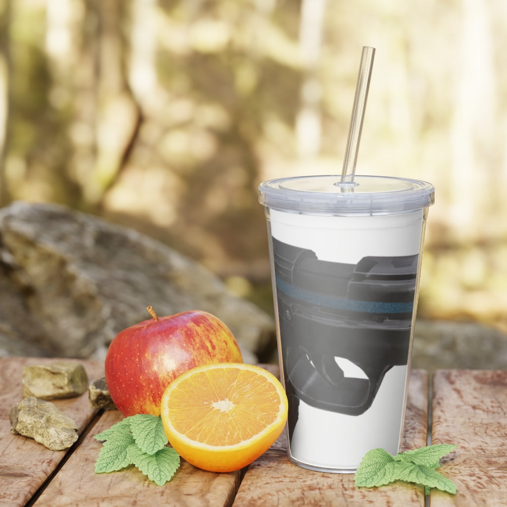 22 Calibur Plastic Tumbler with Straw, featuring a customizable design insert and a matching lid.