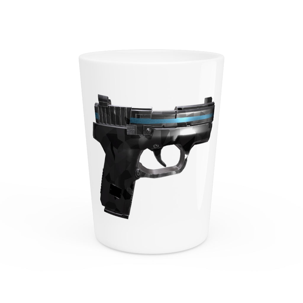 A personalized 22 Calibur Shot Glass with a white ceramic finish and customizable interior options in black or white.