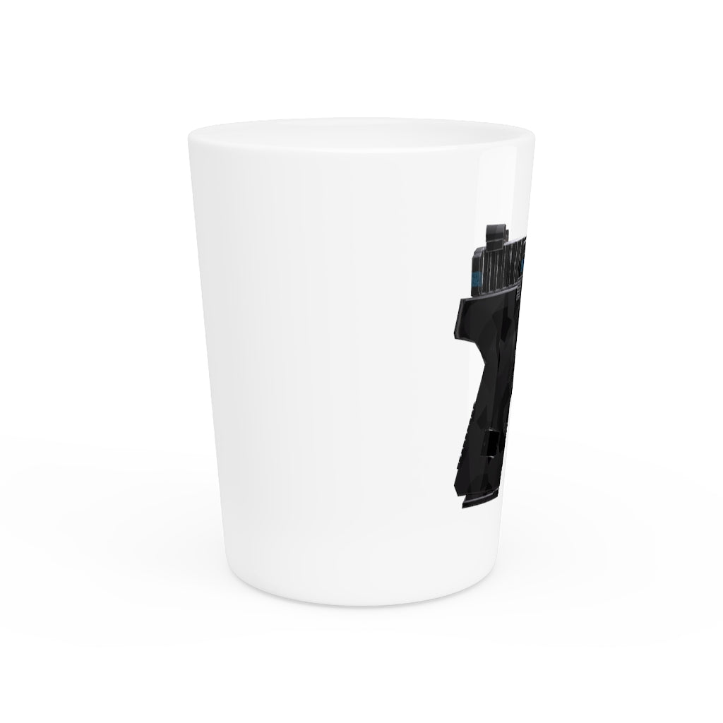 A personalized 22 Calibur Shot Glass with a white ceramic finish and customizable interior options in black or white.