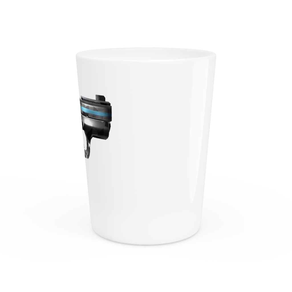 A personalized 22 Calibur Shot Glass with a white ceramic finish and customizable interior options in black or white.