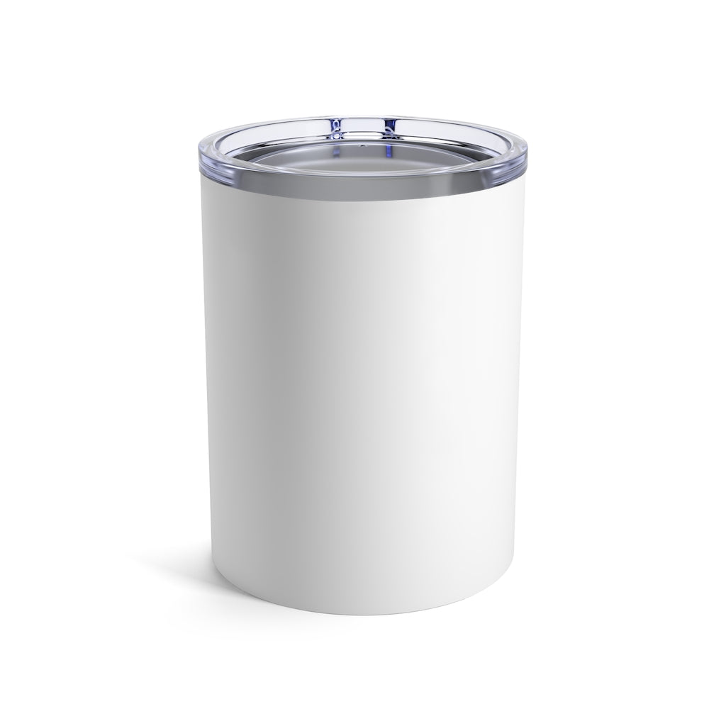 22 Calibur Tumbler 10oz in stainless steel with a see-thru plastic lid, showcasing its sleek design and compact size.