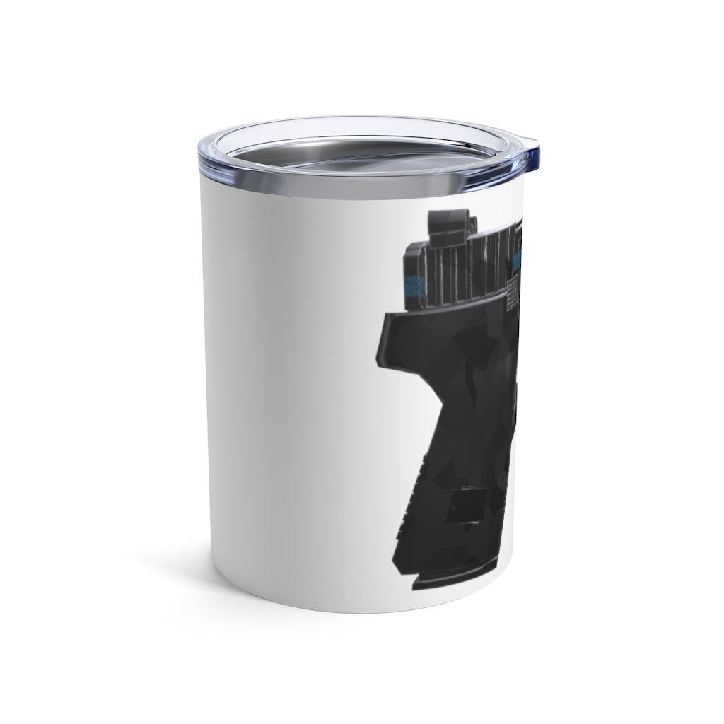 22 Calibur Tumbler 10oz in stainless steel with a see-thru plastic lid, showcasing its sleek design and compact size.