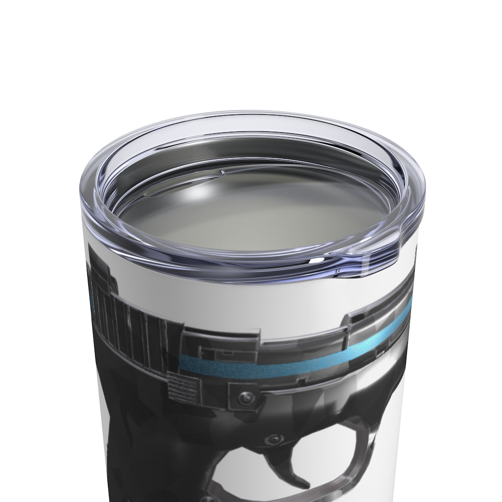 22 Calibur Tumbler 10oz in stainless steel with a see-thru plastic lid, showcasing its sleek design and compact size.