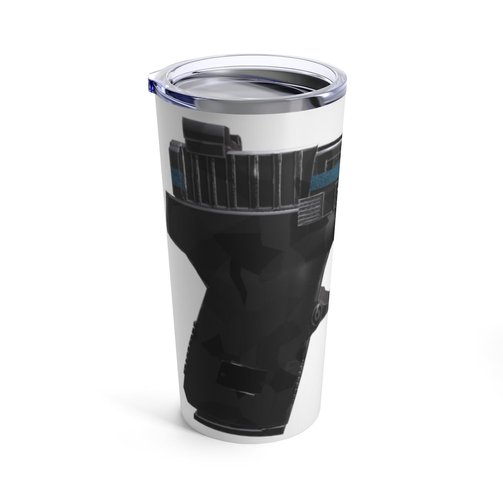 22 Calibur Tumbler 20oz in stainless steel with a see-thru plastic lid, showcasing its sleek design and vacuum-insulated features.