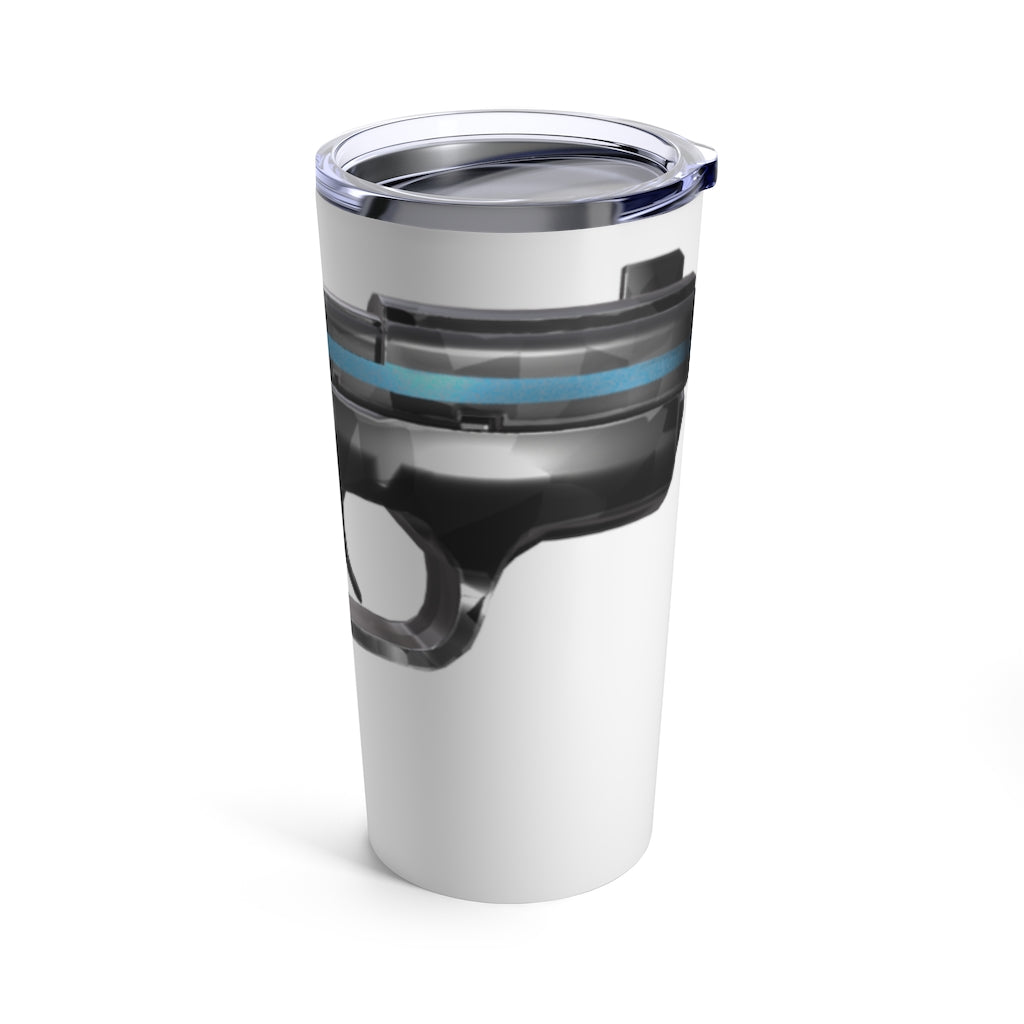 22 Calibur Tumbler 20oz in stainless steel with a see-thru plastic lid, showcasing its sleek design and vacuum-insulated features.