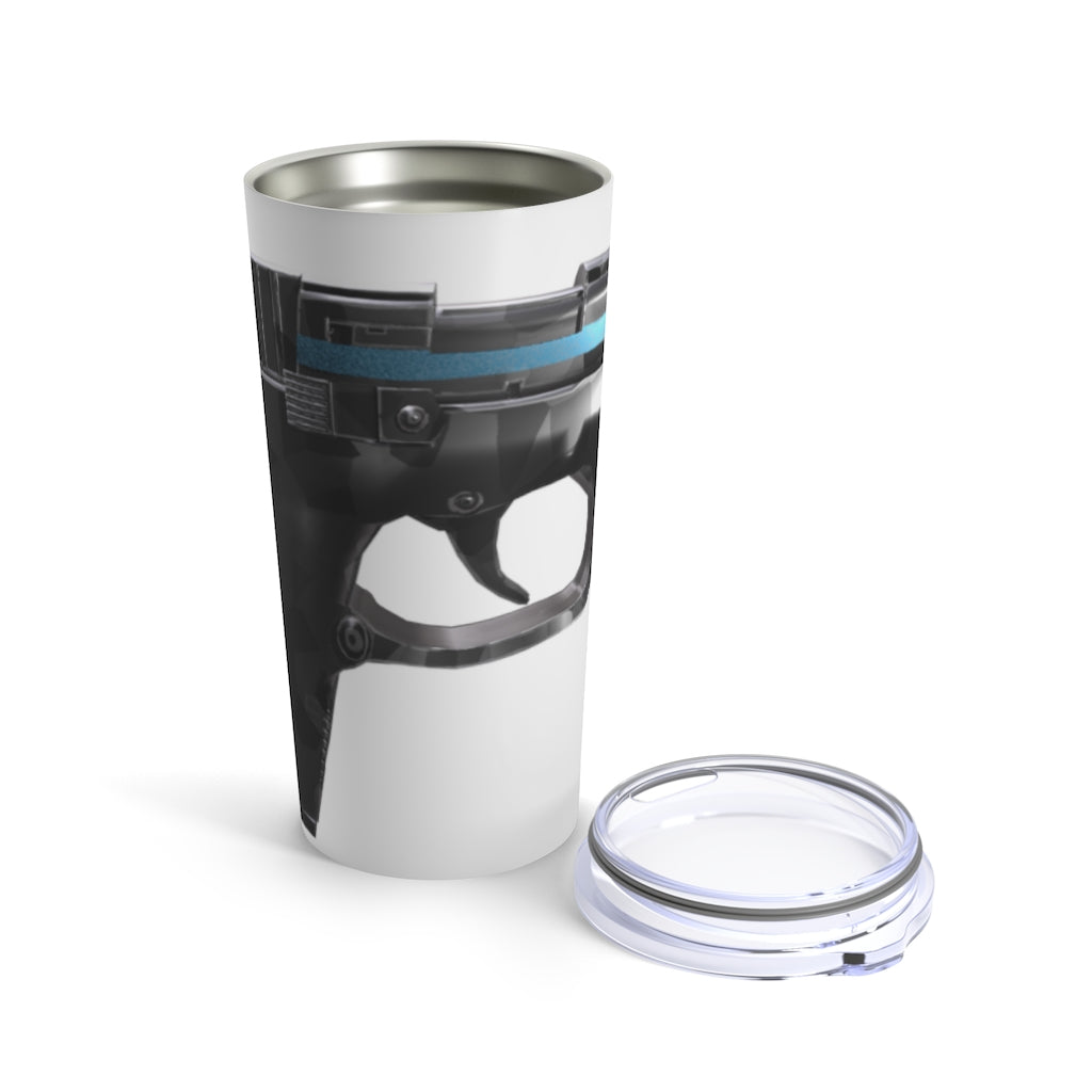 22 Calibur Tumbler 20oz in stainless steel with a see-thru plastic lid, showcasing its sleek design and vacuum-insulated features.