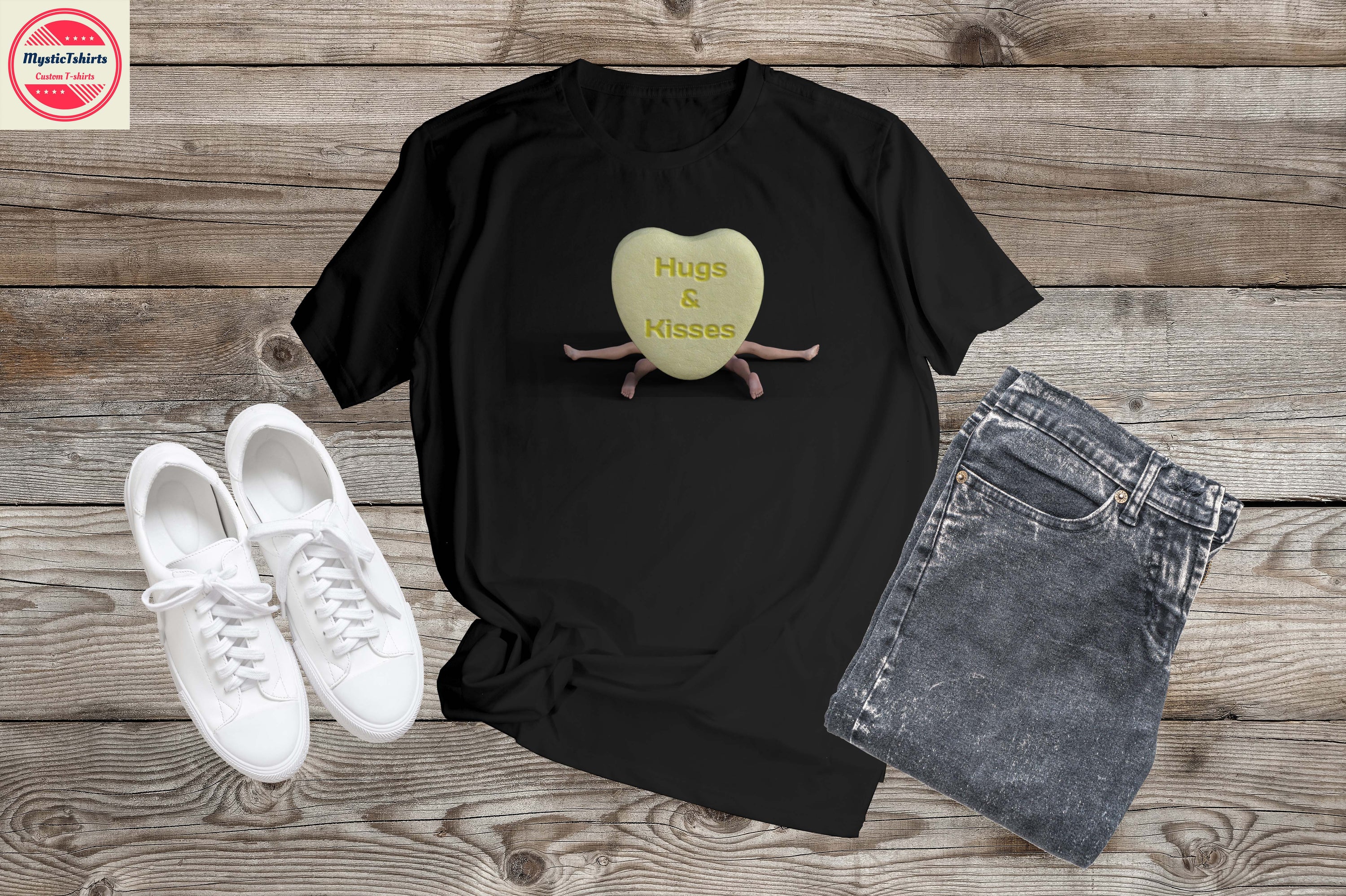 A custom-made HUGS & KISSES T-shirt featuring personalized design options, showcasing vibrant colors and high-quality fabric.