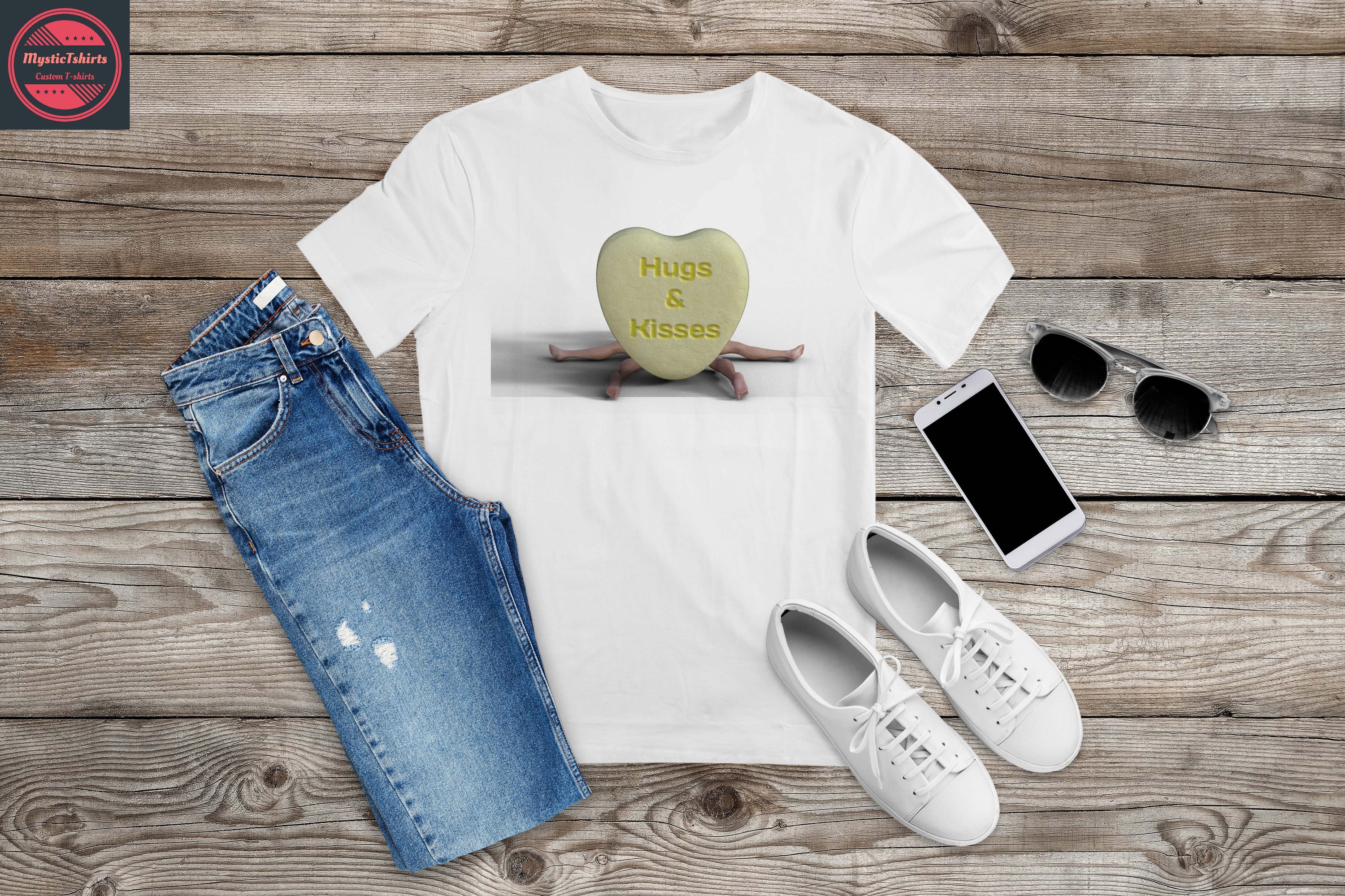 A custom-made HUGS & KISSES T-shirt featuring personalized design options, showcasing vibrant colors and high-quality fabric.