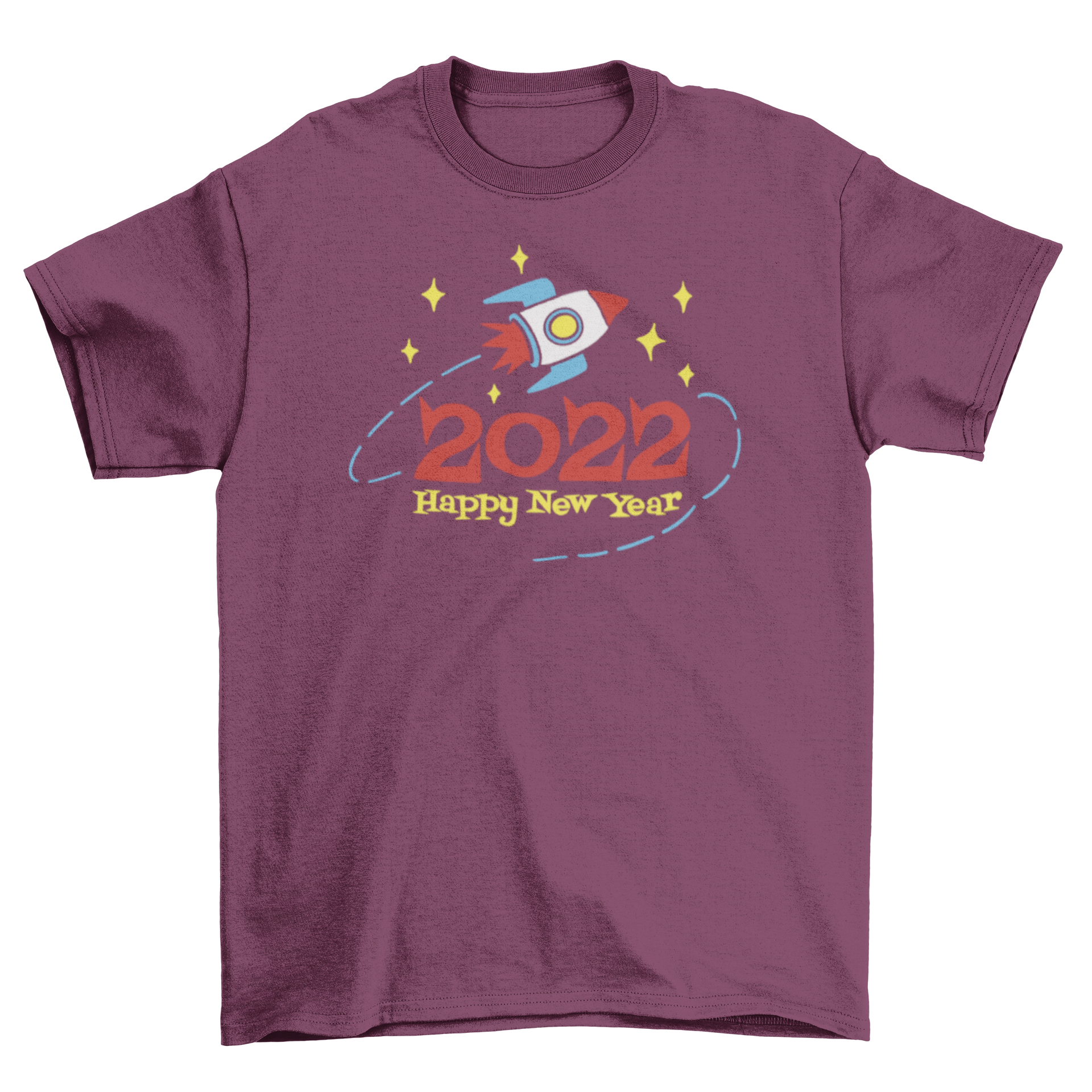 2022 Happy New Year t-shirt featuring a rocket ship graphic in a cut-out style, perfect for celebrations.