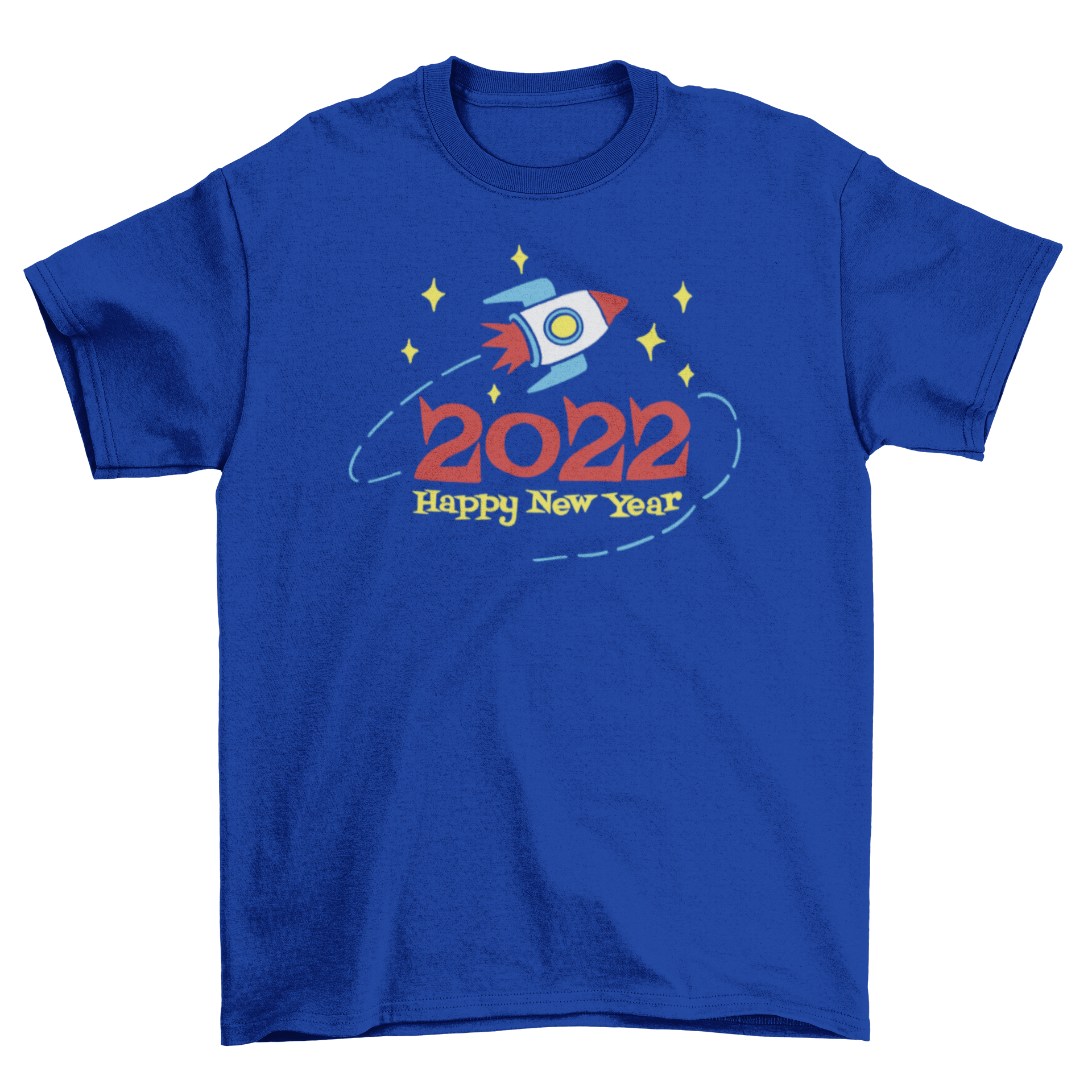 2022 Happy New Year t-shirt featuring a rocket ship graphic in a cut-out style, perfect for celebrations.