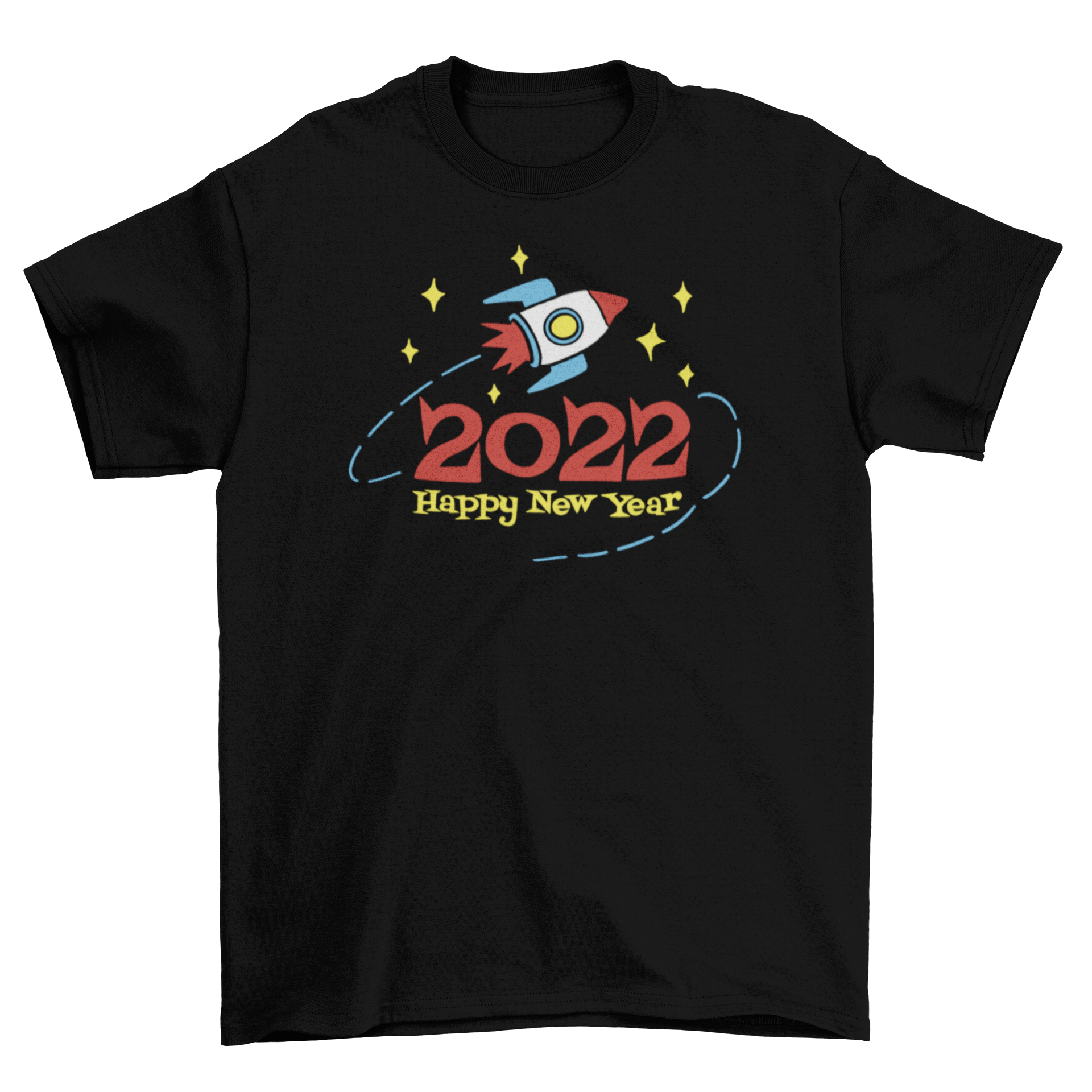 2022 Happy New Year t-shirt featuring a rocket ship graphic in a cut-out style, perfect for celebrations.