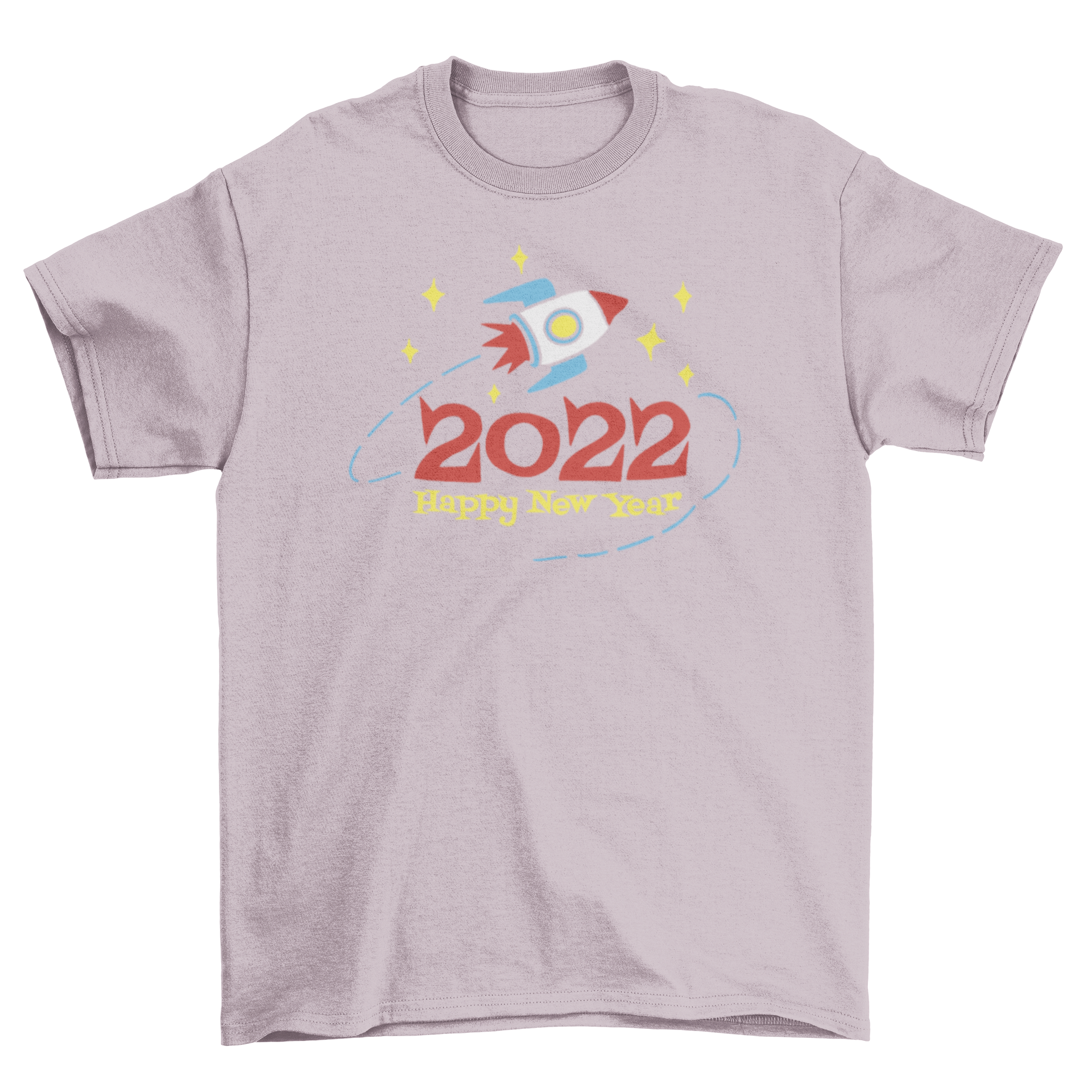 2022 Happy New Year t-shirt featuring a rocket ship graphic in a cut-out style, perfect for celebrations.