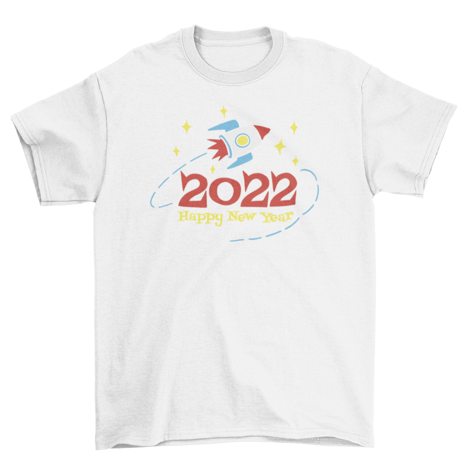 2022 Happy New Year t-shirt featuring a rocket ship graphic in a cut-out style, perfect for celebrations.