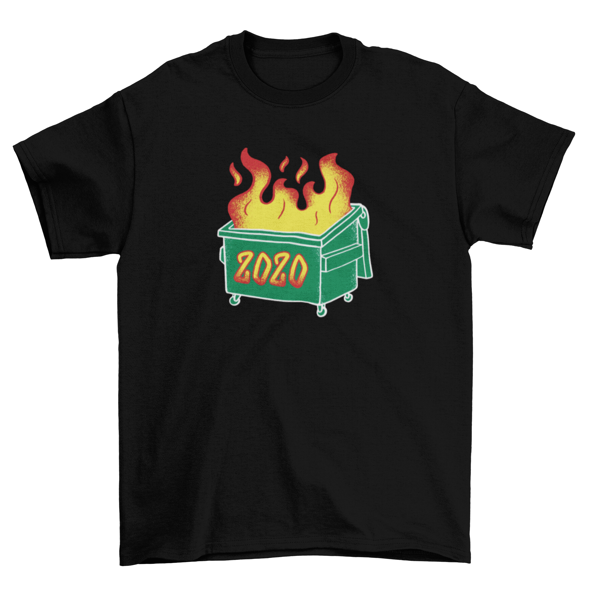 A graphic t-shirt featuring a dumpster on fire with the text '2020' printed on it, symbolizing a chaotic year.