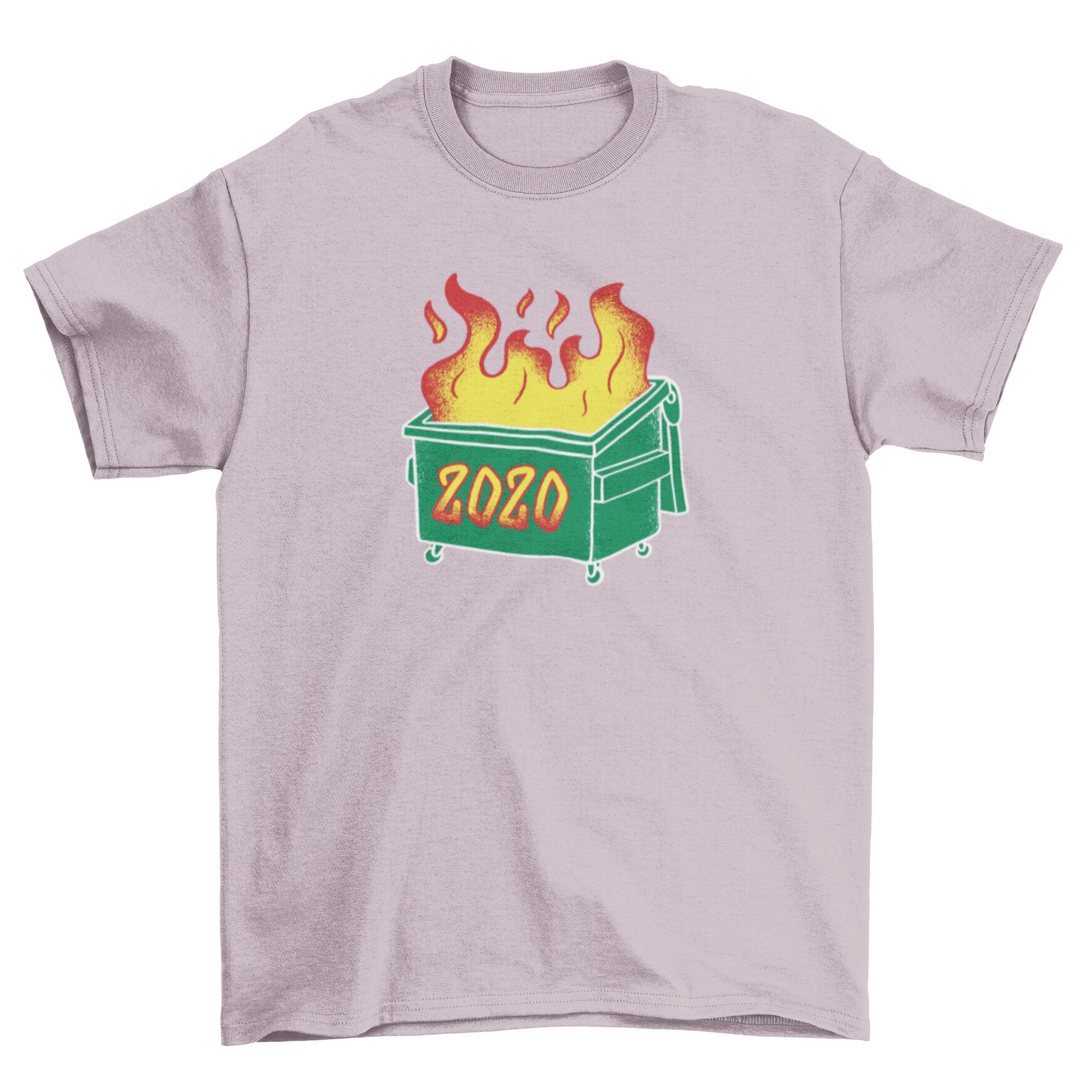 A graphic t-shirt featuring a dumpster on fire with the text '2020' printed on it, symbolizing a chaotic year.