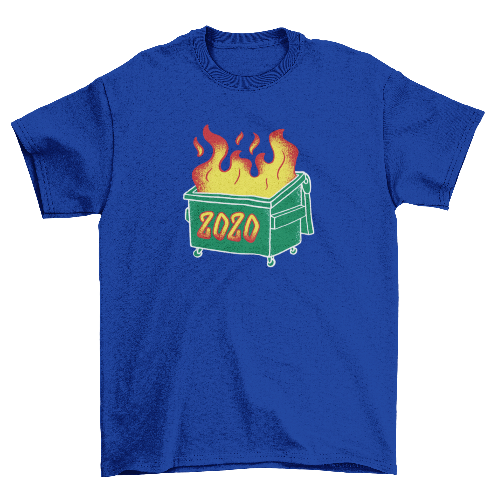 A graphic t-shirt featuring a dumpster on fire with the text '2020' printed on it, symbolizing a chaotic year.