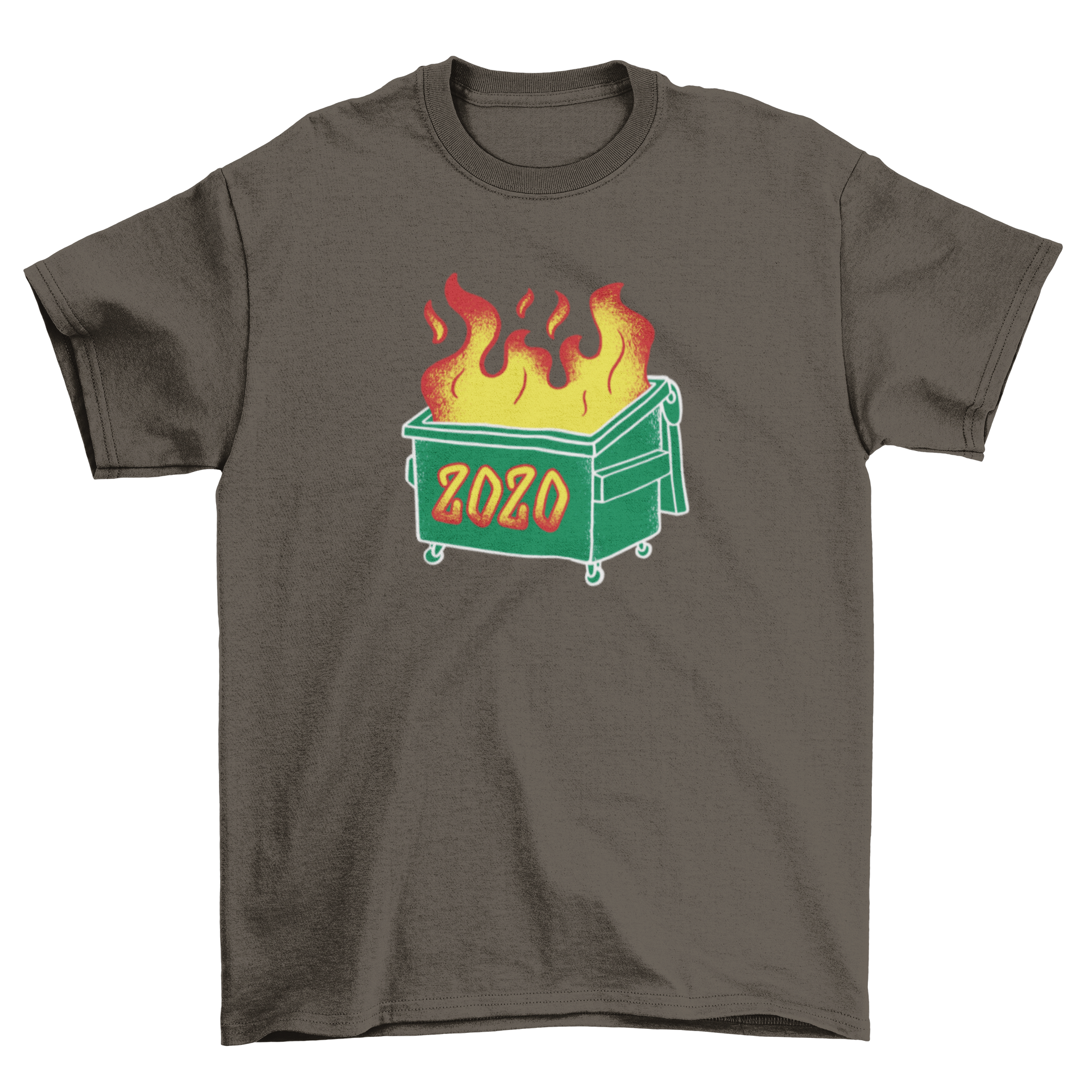 A graphic t-shirt featuring a dumpster on fire with the text '2020' printed on it, symbolizing a chaotic year.