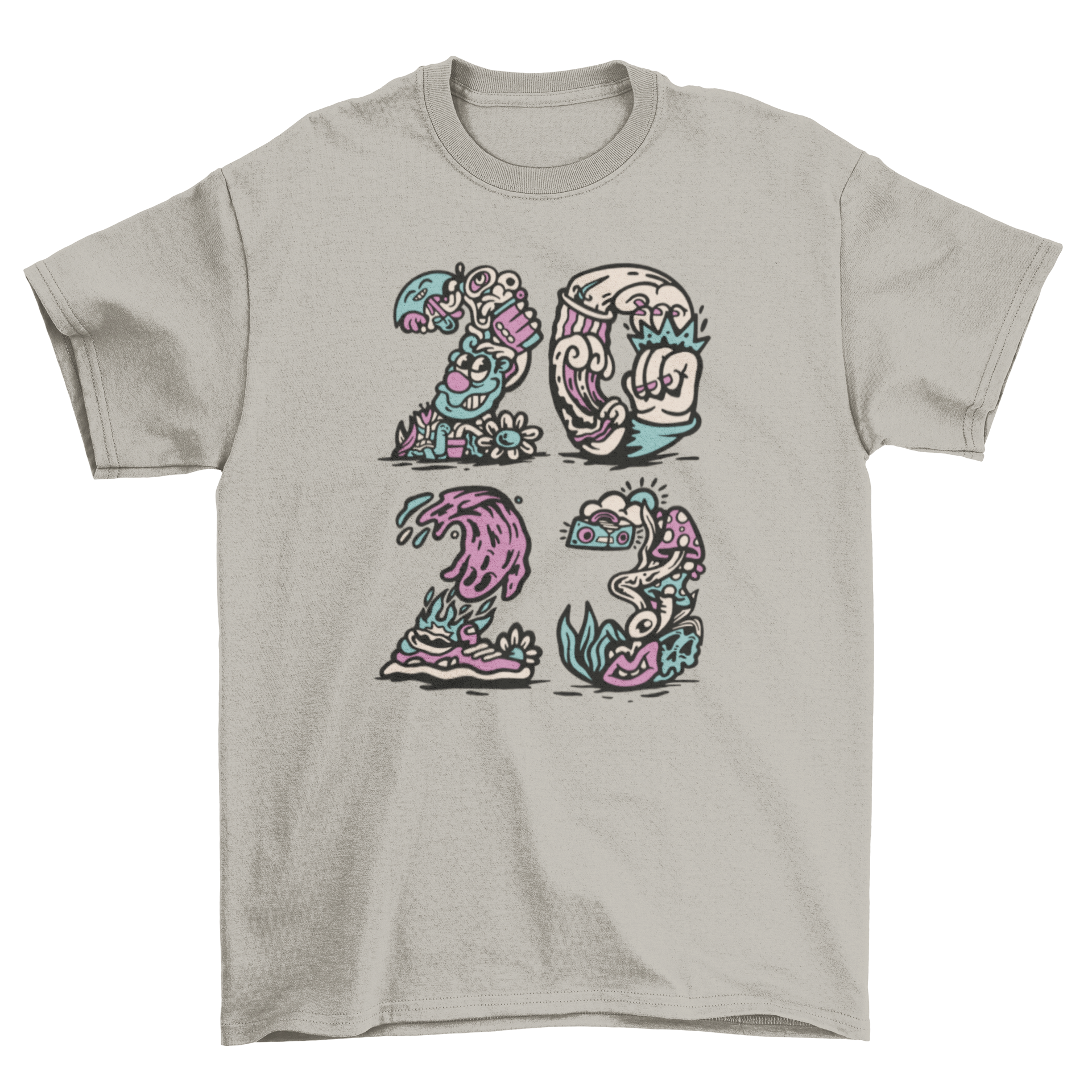 2023 trippy t-shirt featuring vibrant psychedelic illustrations and a stylish design.