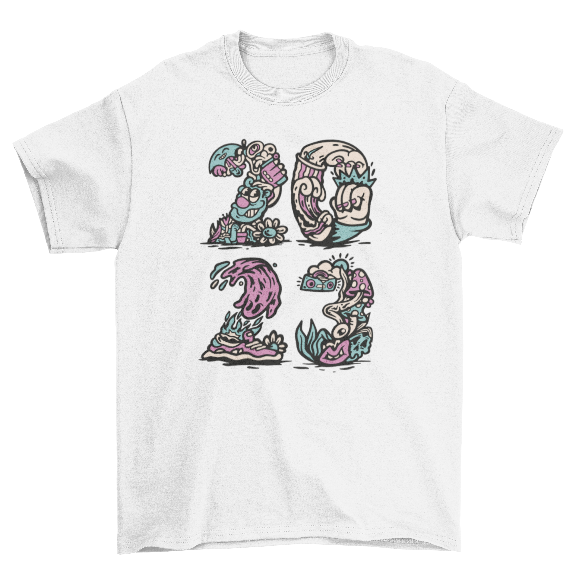 2023 trippy t-shirt featuring vibrant psychedelic illustrations and a stylish design.