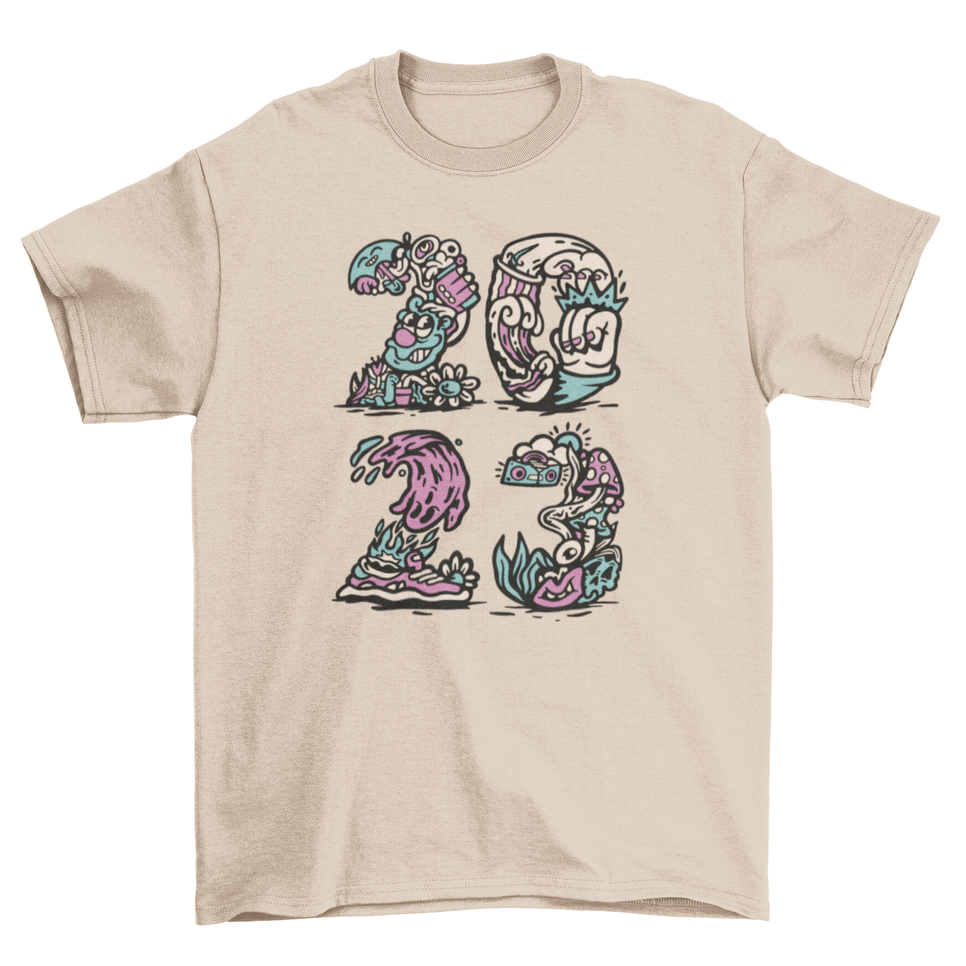 2023 trippy t-shirt featuring vibrant psychedelic illustrations and a stylish design.