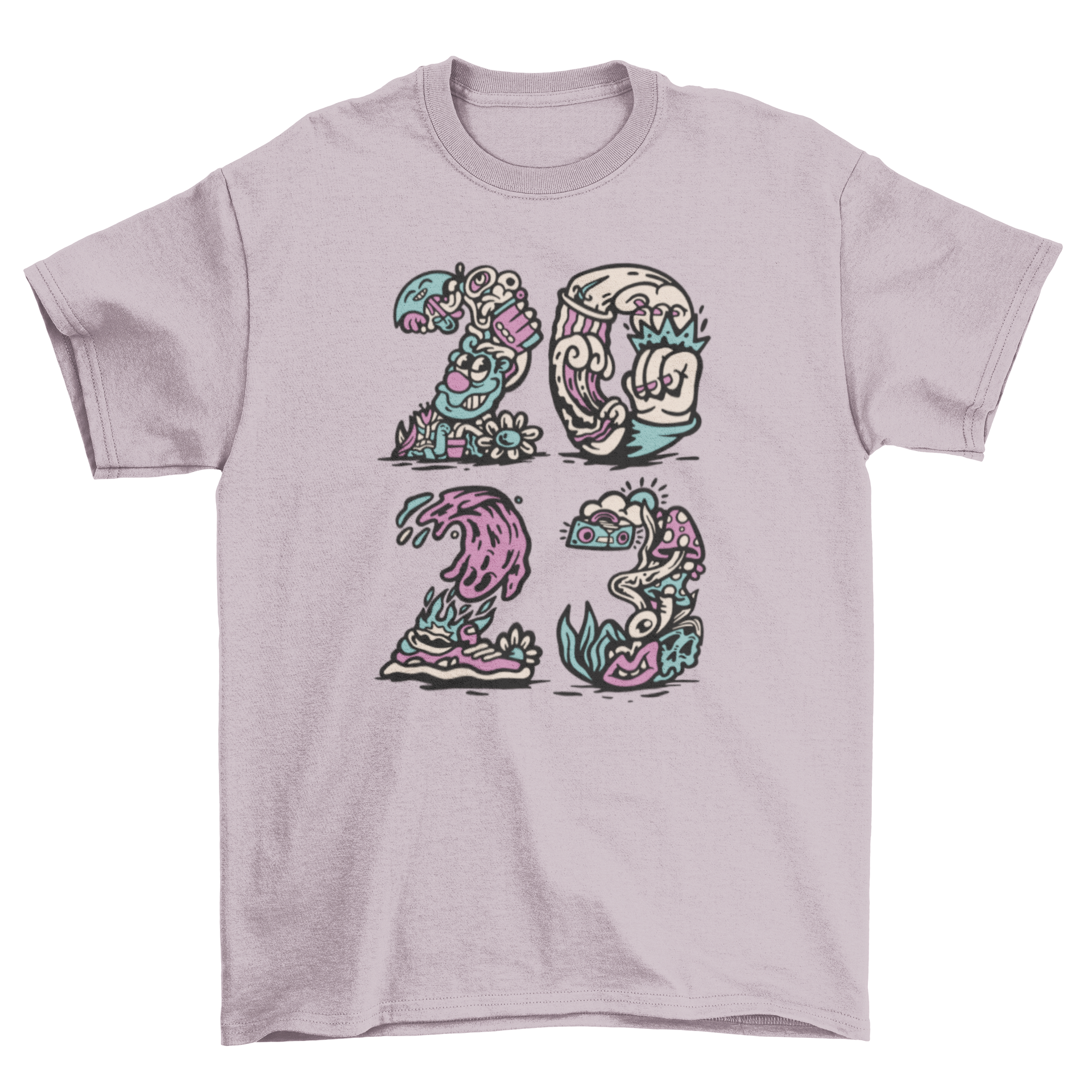 2023 trippy t-shirt featuring vibrant psychedelic illustrations and a stylish design.