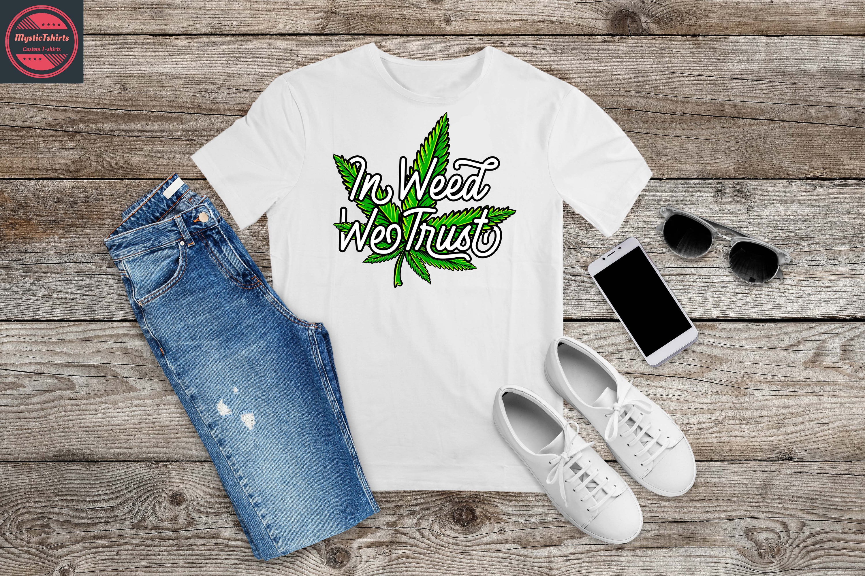 Custom made 'In Weed We Trust' T-shirt featuring vibrant design and high-quality fabric, perfect for personal expression.