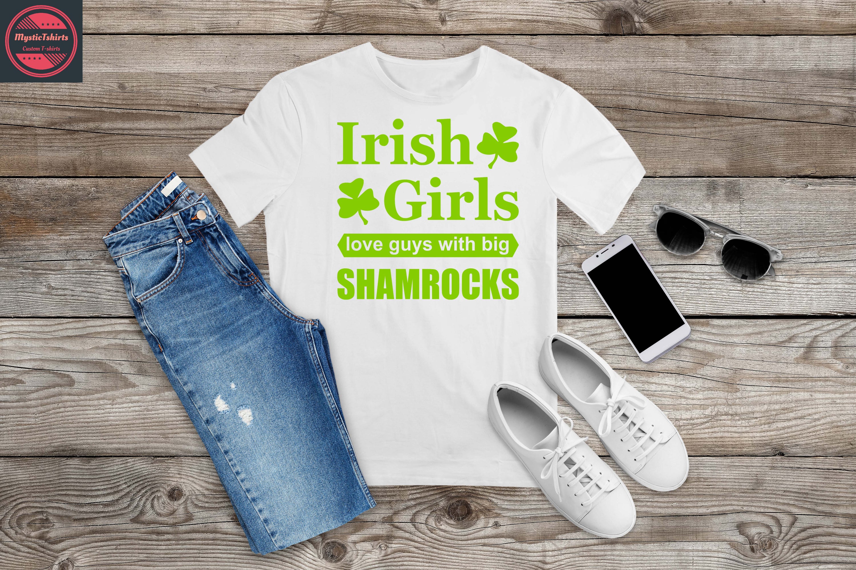 Custom made shirt featuring a shamrock design, perfect for showcasing Irish pride.