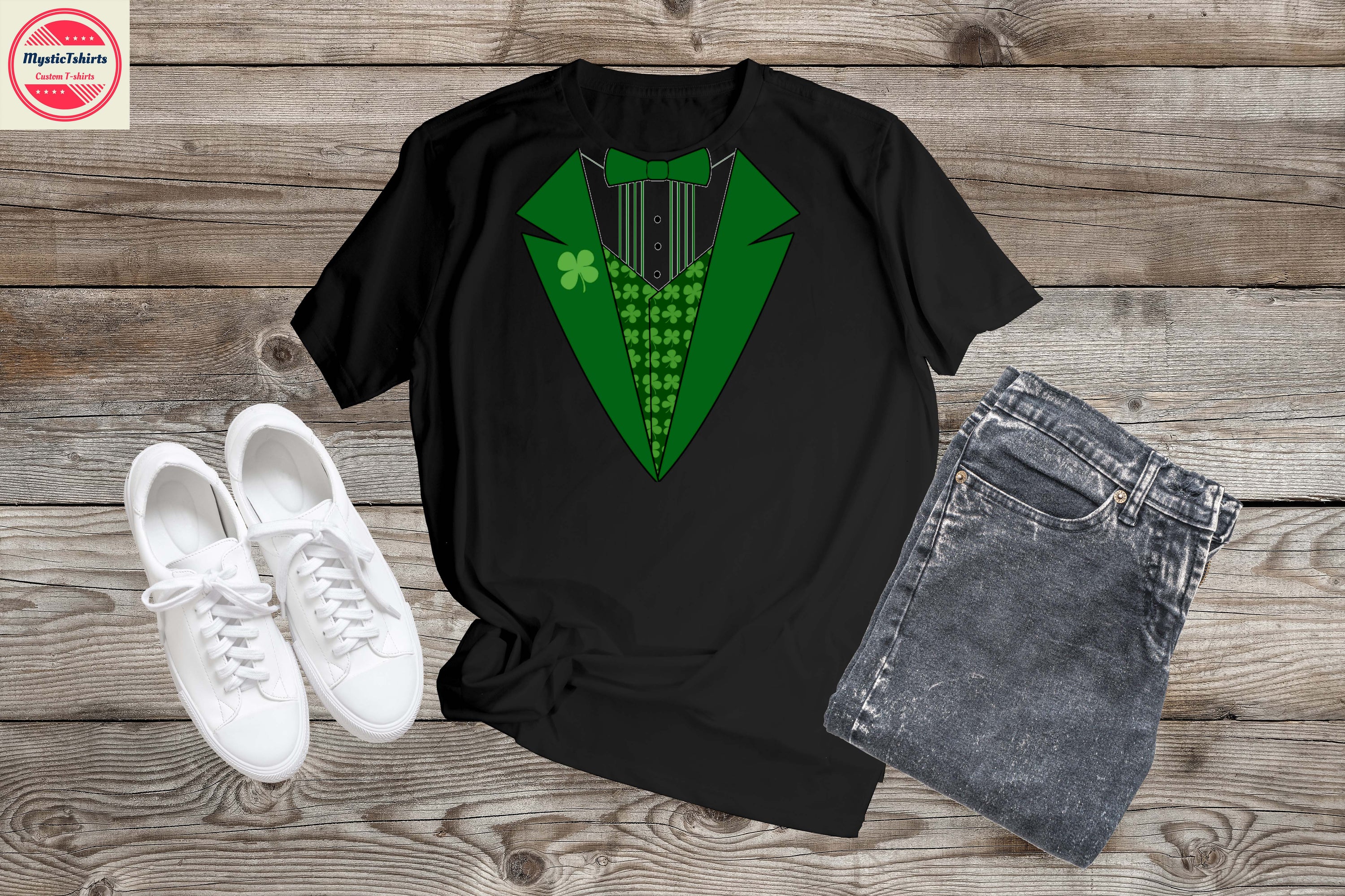 Custom made Irish Tux shirt featuring personalized text, high-quality fabric, and eco-friendly printing.