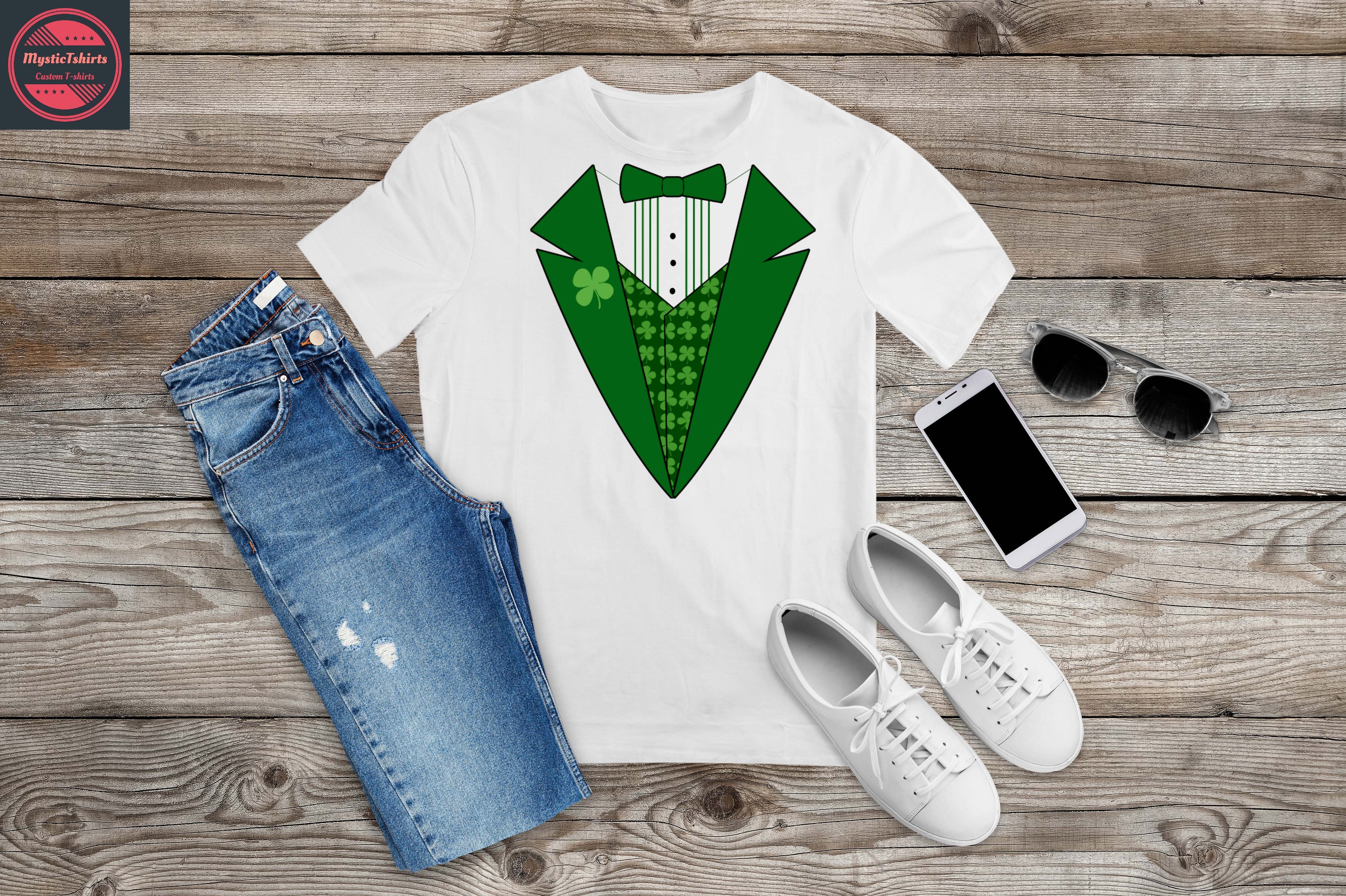 Custom made Irish Tux shirt featuring personalized text, high-quality fabric, and eco-friendly printing.