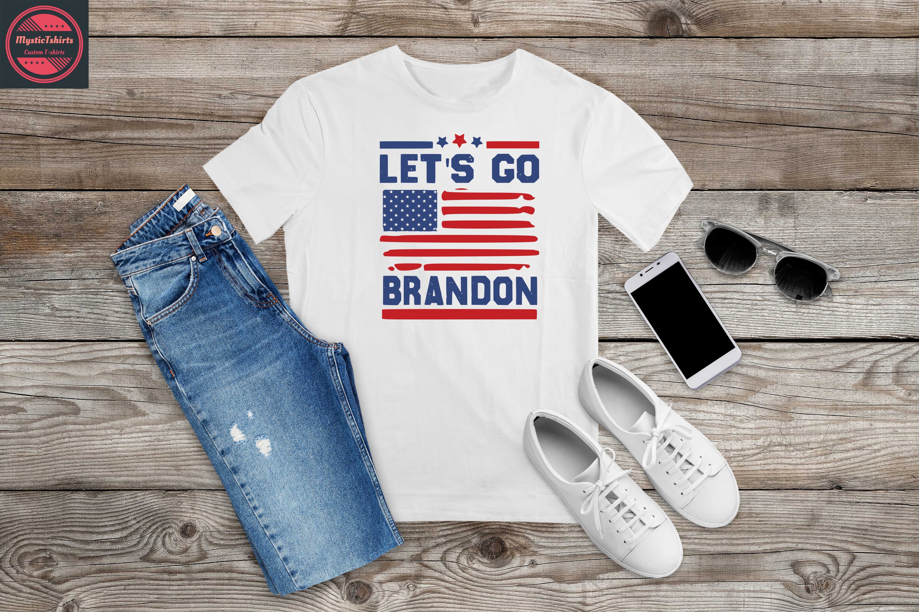 Custom LET'S GO BRANDON T-shirt displayed on a hanger, showcasing vibrant colors and high-quality fabric.