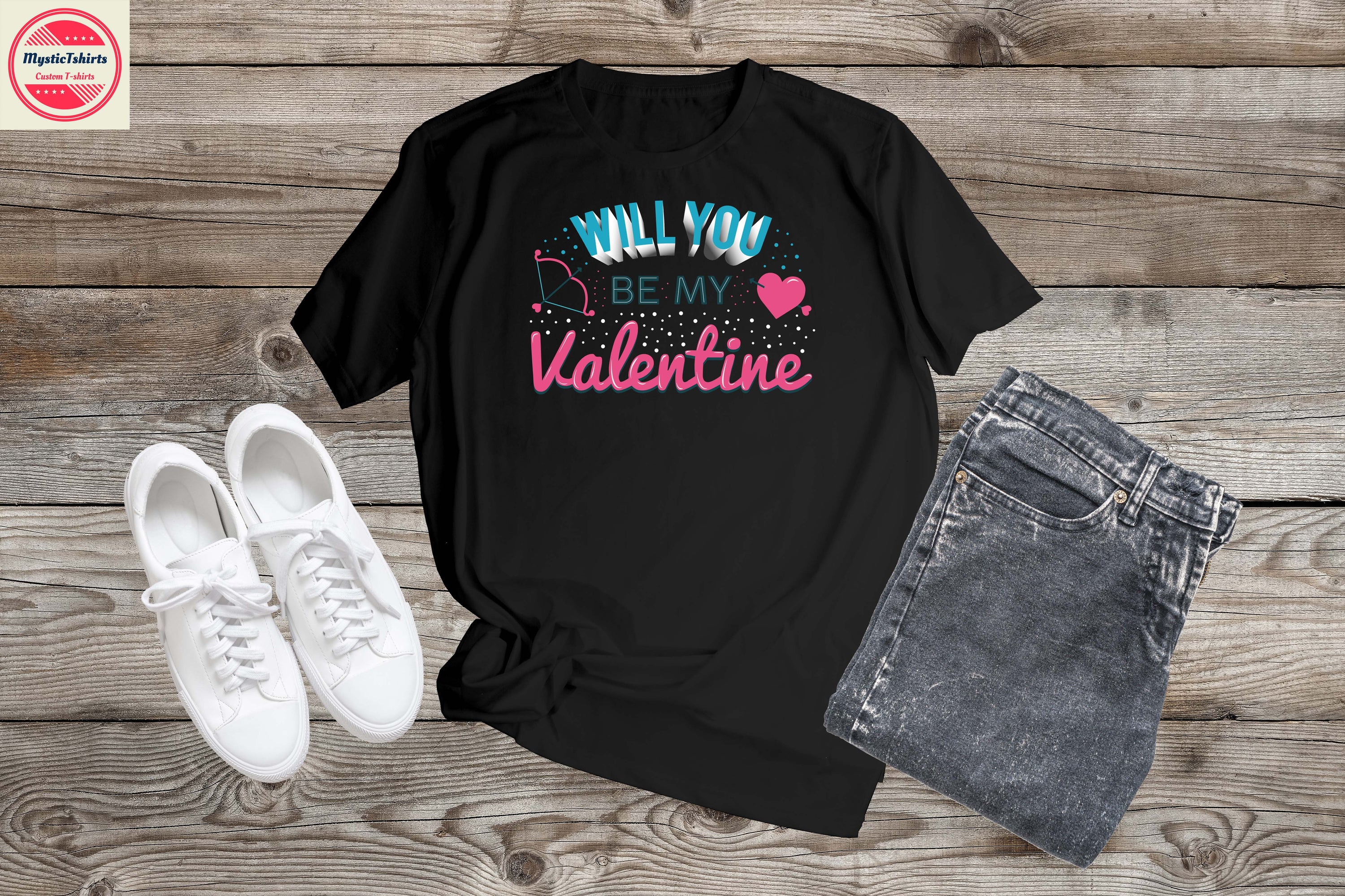 Custom made 'Will You Be My Valentine' shirt displayed on a hanger, showcasing vibrant colors and high-quality fabric.