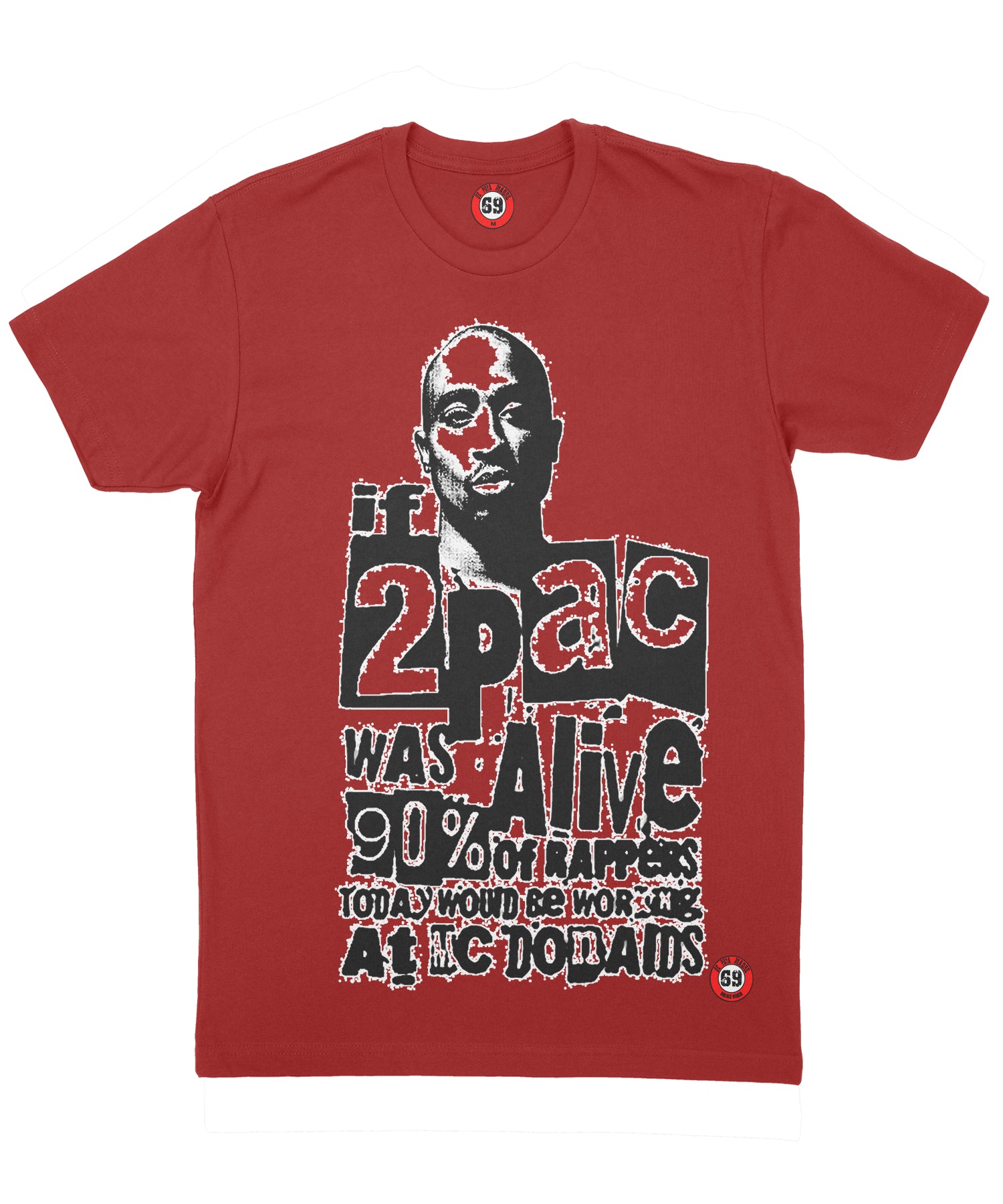 2Pac Alive Red t-shirt featuring a trendy design with handmade prints on front and back, made from breathable jersey cotton.