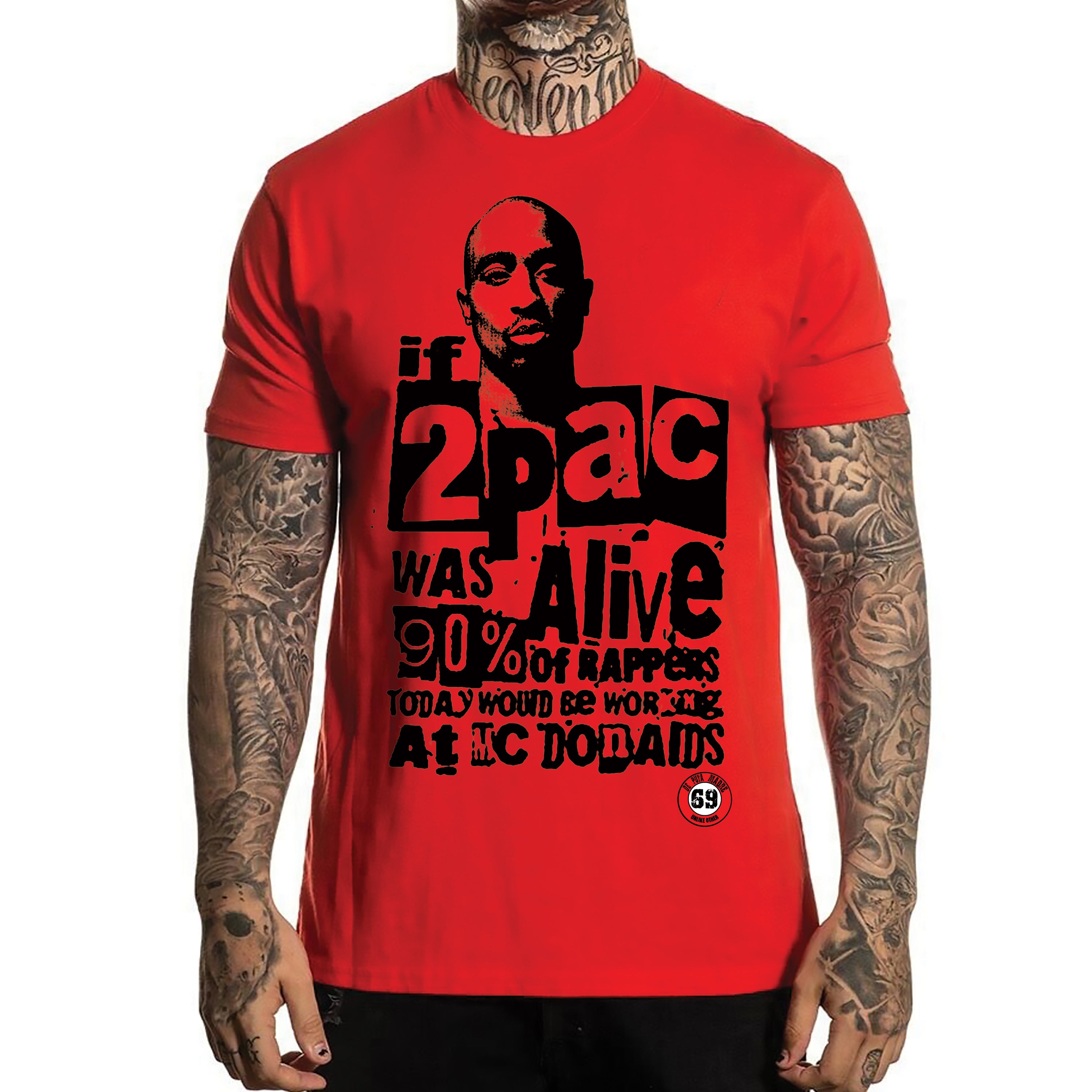 2Pac Alive Red t-shirt featuring a trendy design with handmade prints on front and back, made from breathable jersey cotton.