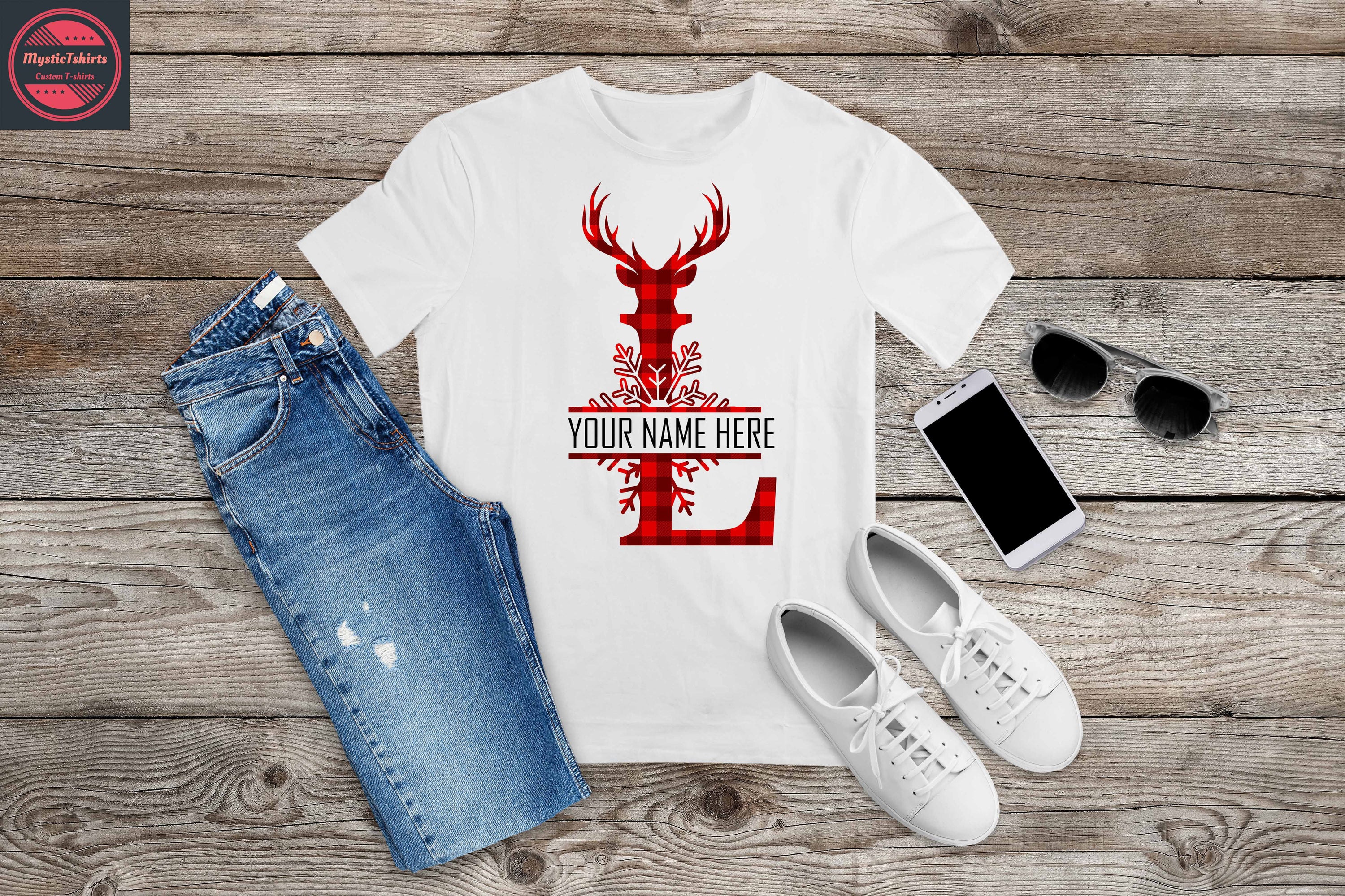 Custom monogrammed red reindeer Christmas shirt featuring festive design and high-quality fabric.