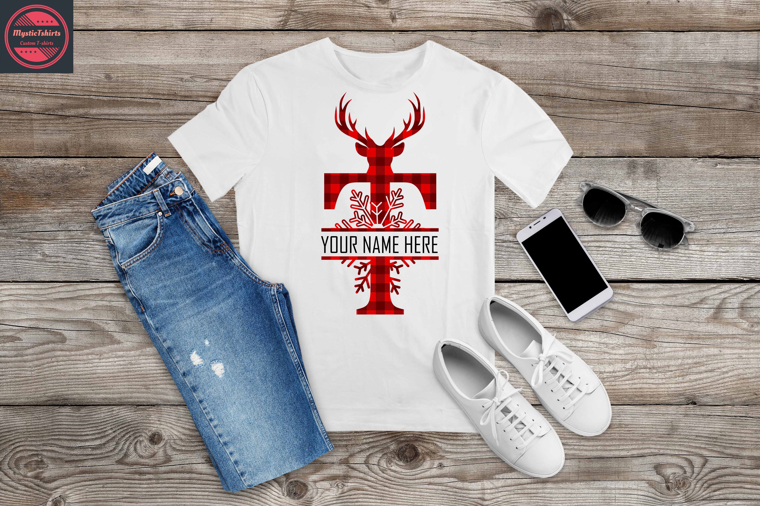 Monogrammed Red Reindeer Christmas T-shirt featuring a festive reindeer design, perfect for holiday celebrations.