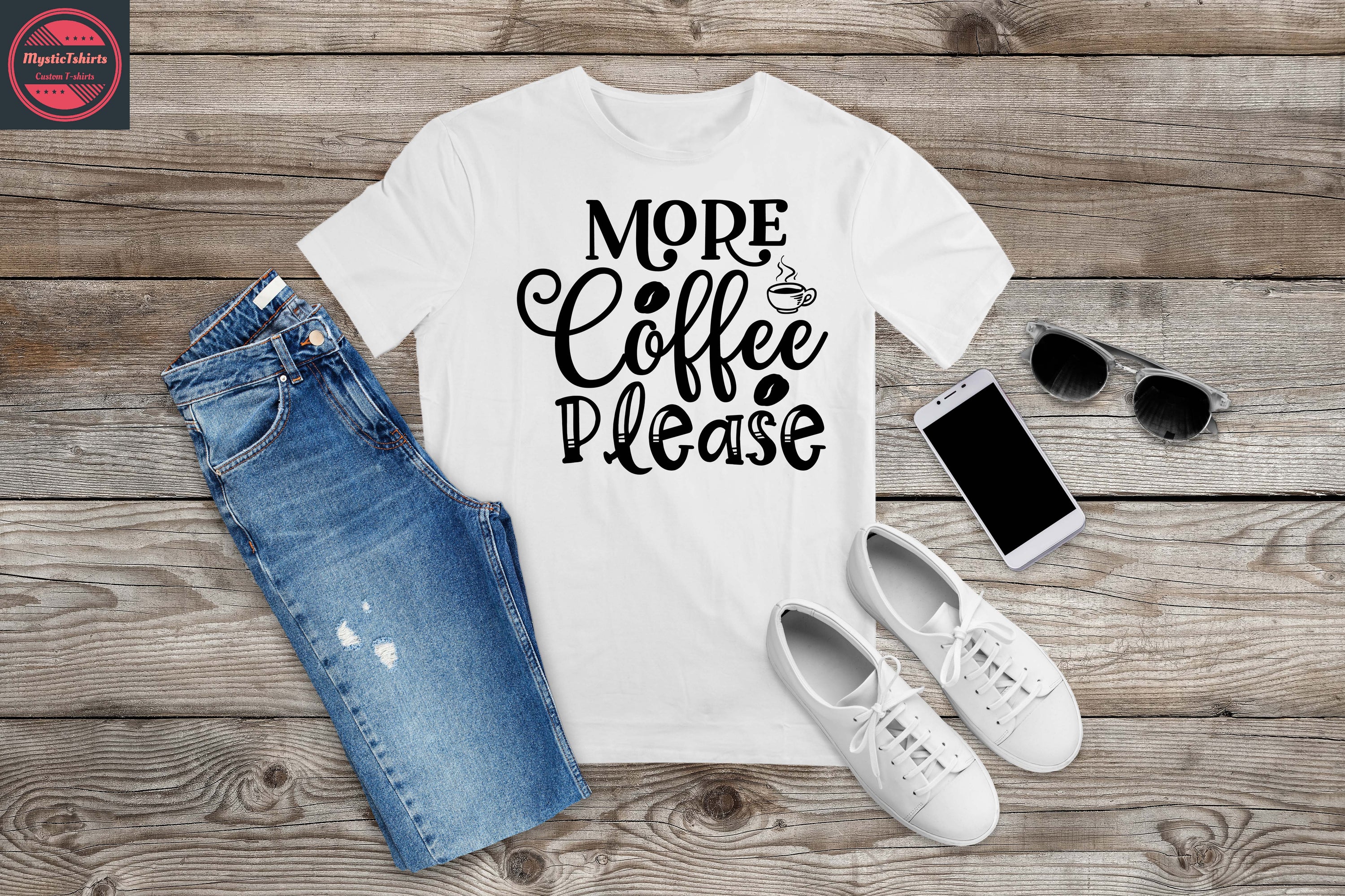 Custom made 'More Coffee Please' T-shirt featuring vibrant print on high-quality fabric, perfect for coffee lovers.