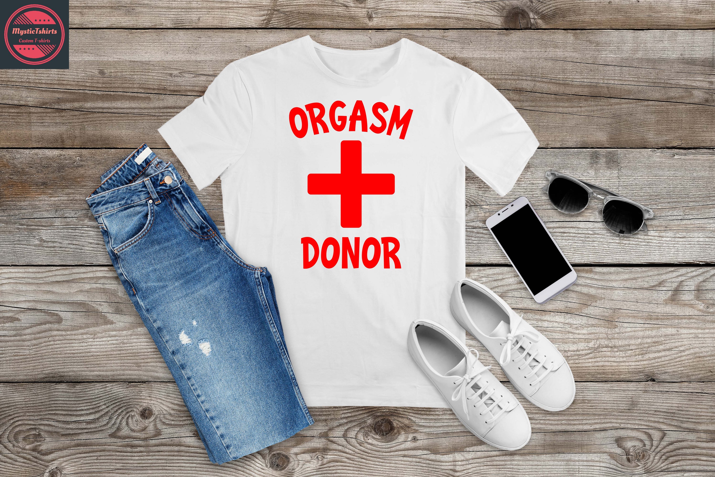 A personalized ORGASM DONOR T-Shirt featuring custom text, displayed on a mannequin with vibrant colors and high-quality fabric.