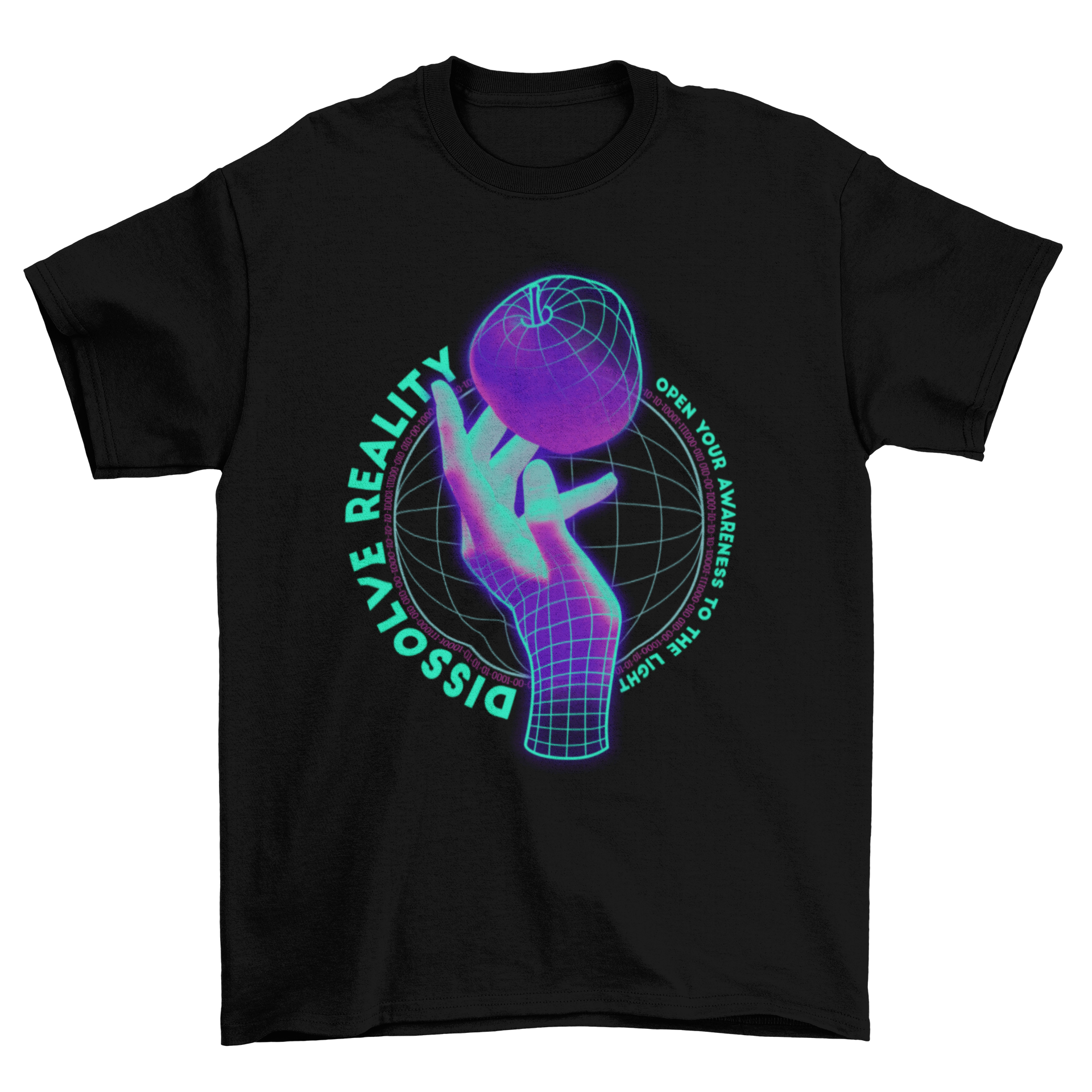 A vibrant t-shirt featuring a neon wireframe hand design with the quote 'Dissolve reality' in a vaporwave style.