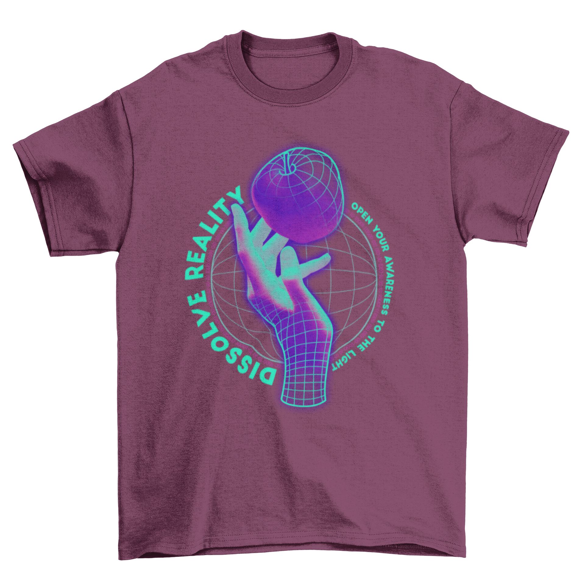 A vibrant t-shirt featuring a neon wireframe hand design with the quote 'Dissolve reality' in a vaporwave style.