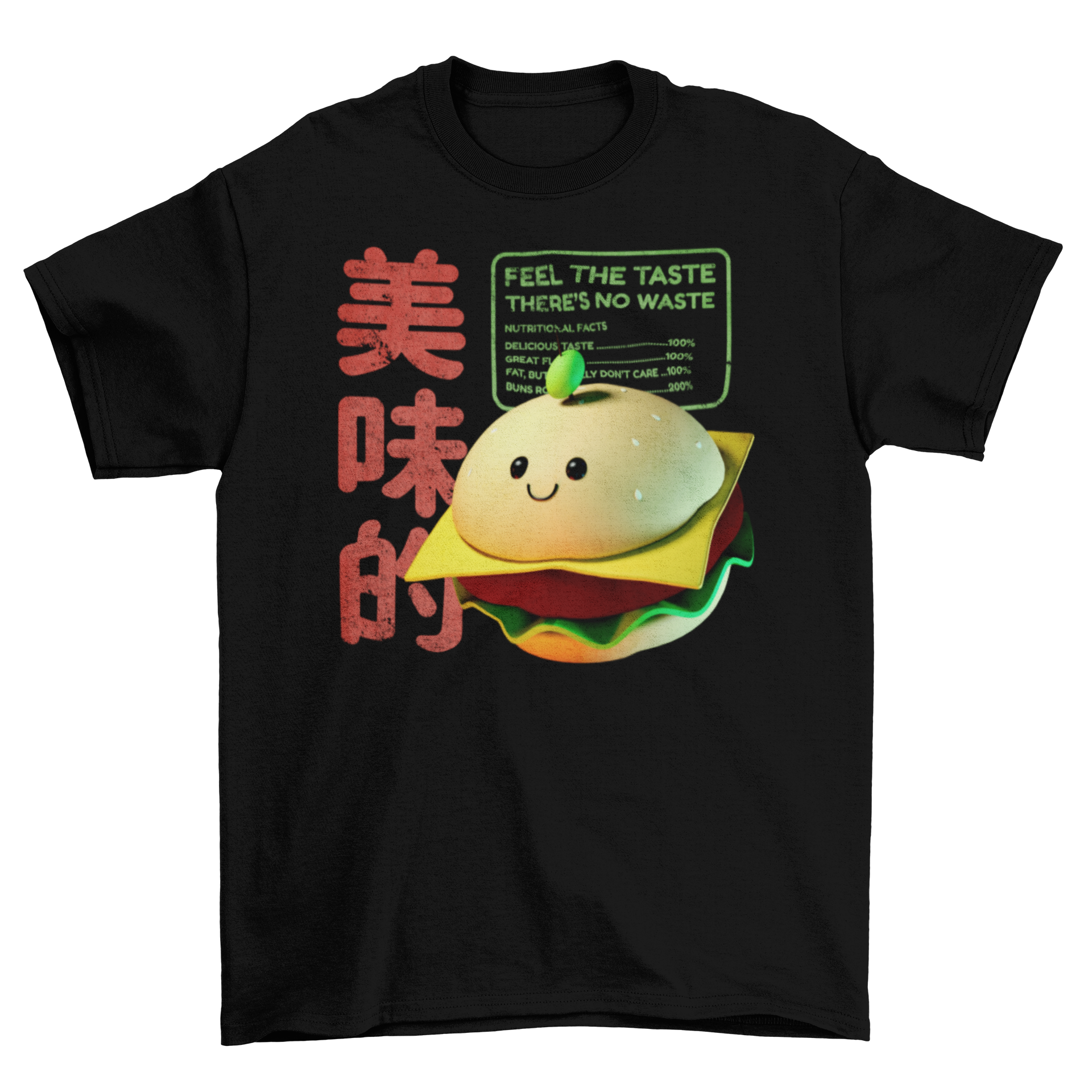 A vibrant 3D Burger character t-shirt featuring a playful burger graphic and a catchy quote on the back.